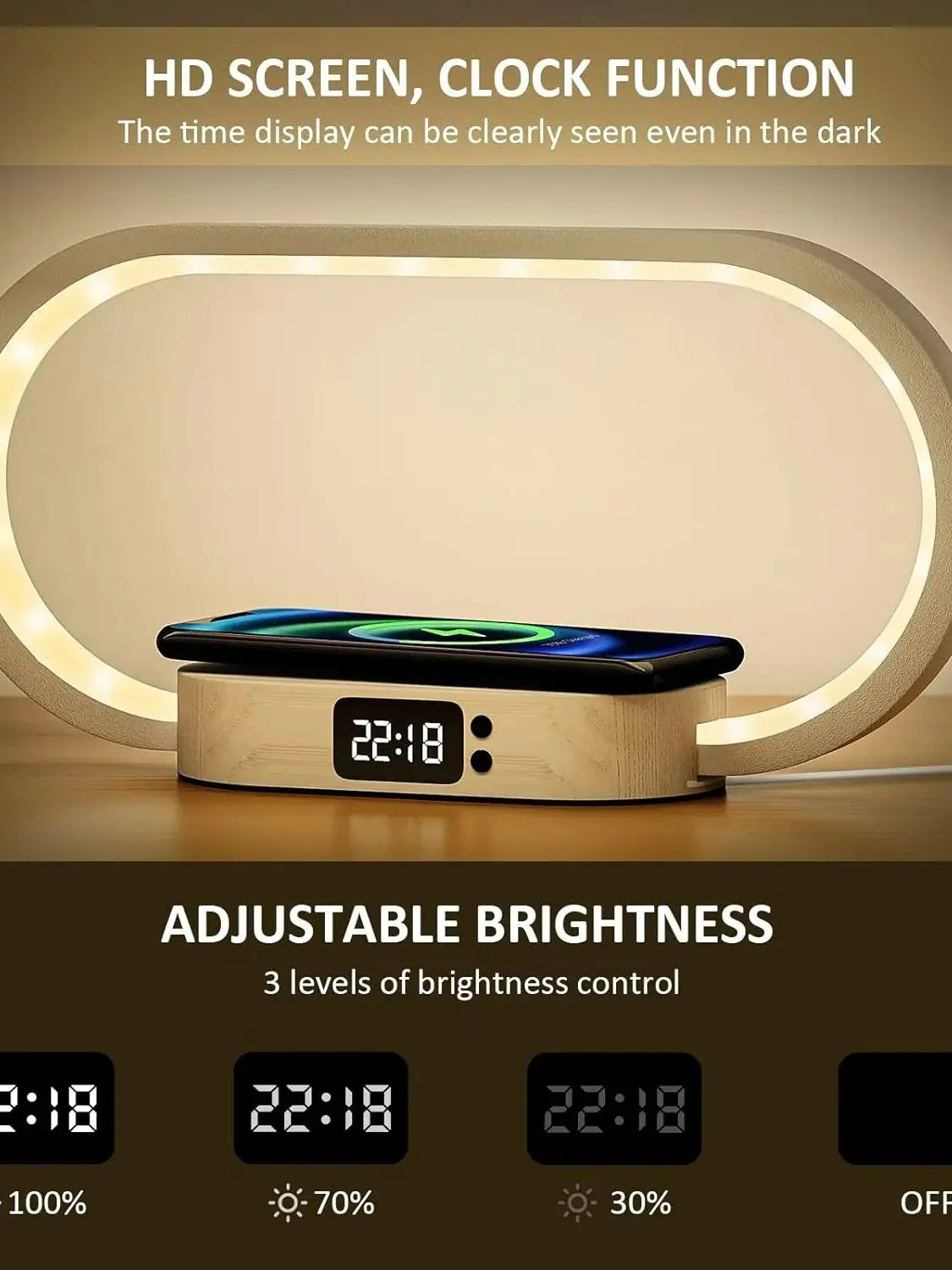 Wooden Usb Bedside Lamp Dimmable Modern Night Light with 15W Fast Wireless Charger