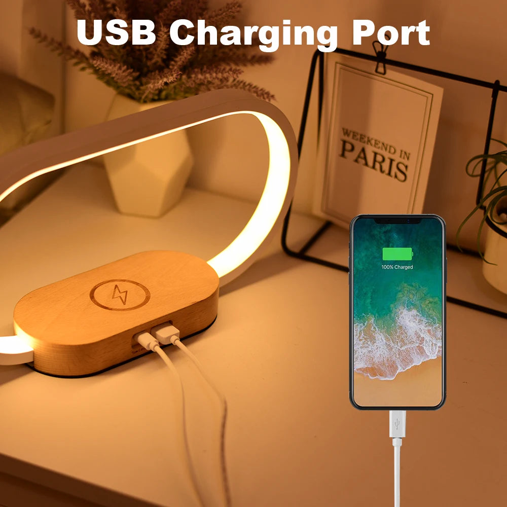 Wooden Usb Bedside Lamp Dimmable Modern Night Light with 15W Fast Wireless Charger