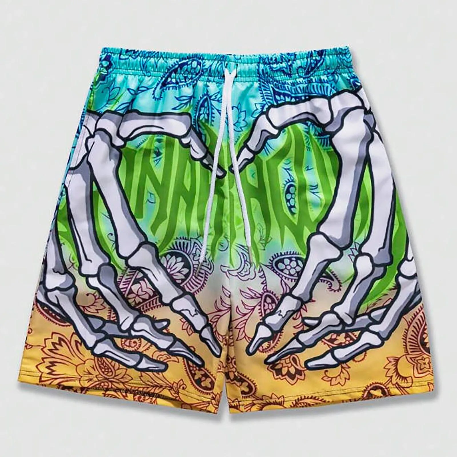 Elastic Waist Jogging Shorts, Swim Trunks, Board Shorts, Summer Beach Shorts with Hand Print, Y2K Shorts for Men, Ropa Hombre