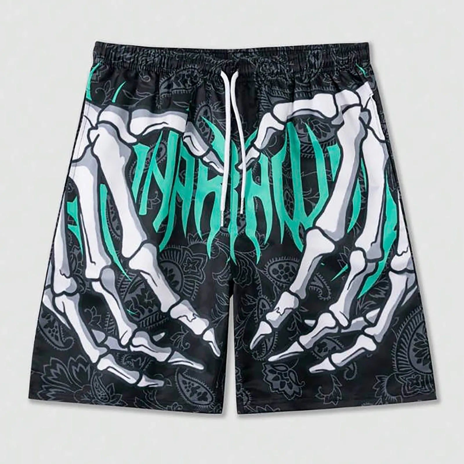 Elastic Waist Jogging Shorts, Swim Trunks, Board Shorts, Summer Beach Shorts with Hand Print, Y2K Shorts for Men, Ropa Hombre