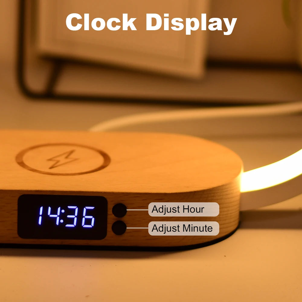 Wooden Usb Bedside Lamp Dimmable Modern Night Light with 15W Fast Wireless Charger