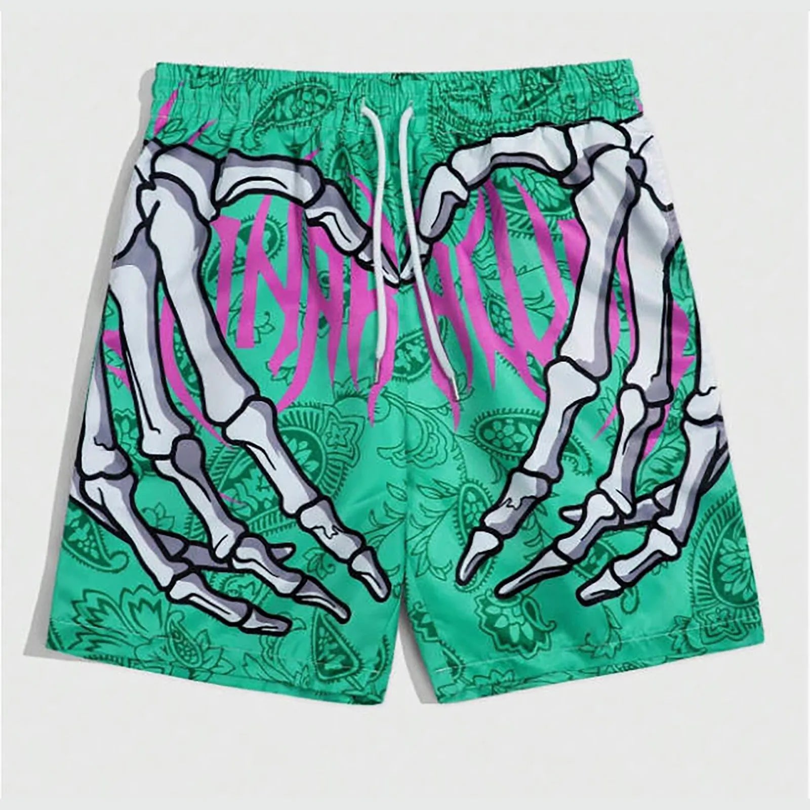 Elastic Waist Jogging Shorts, Swim Trunks, Board Shorts, Summer Beach Shorts with Hand Print, Y2K Shorts for Men, Ropa Hombre