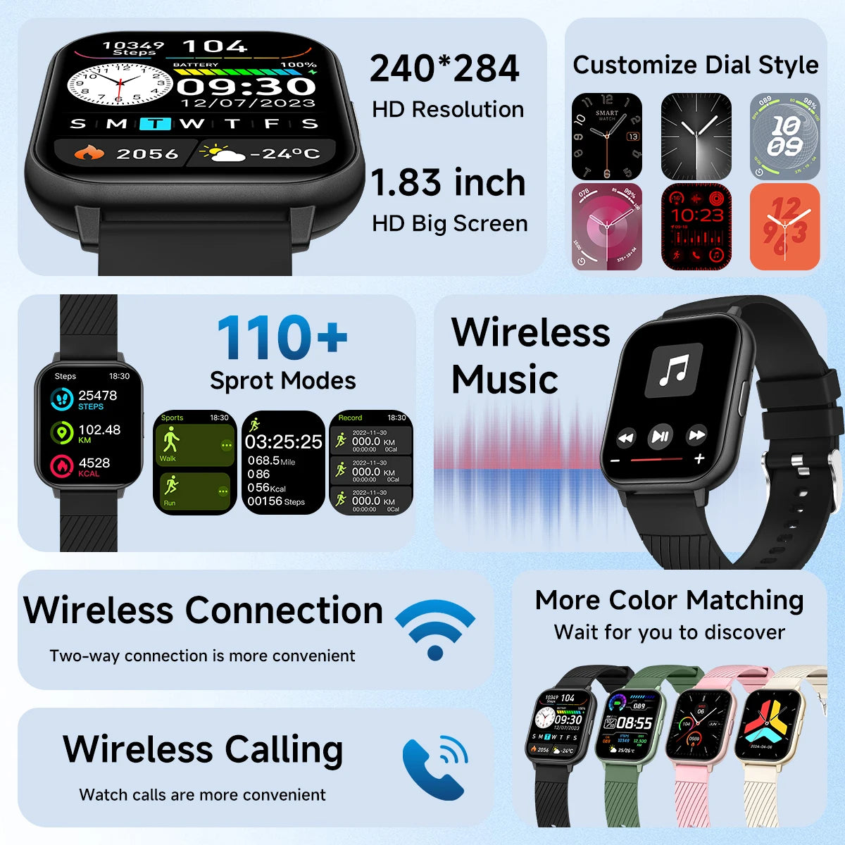 1.83 Inch HD Large Screen Smart Watch Bluetooth Call Sleep Monitoring Exercise Music Playback for Men and Women