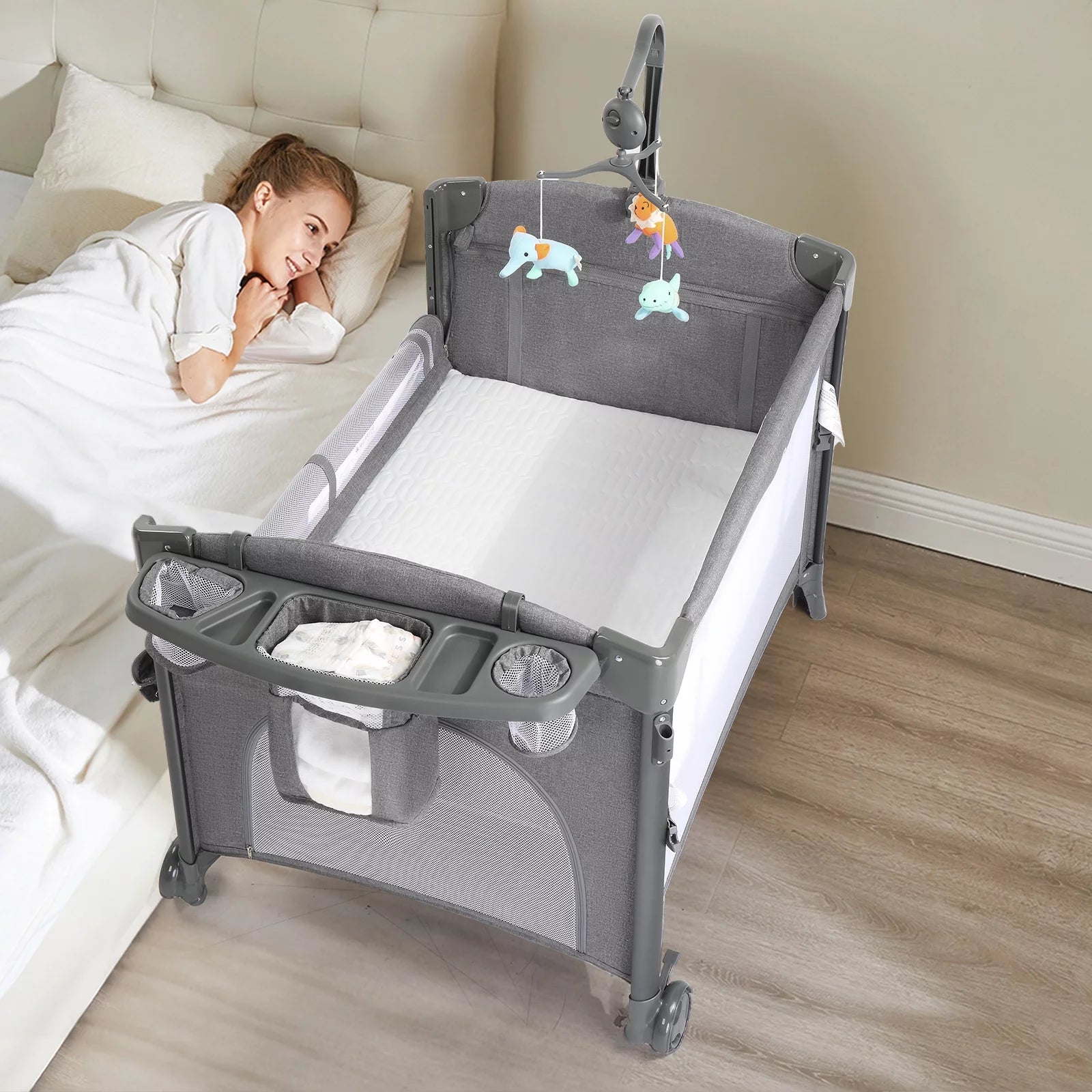 DreamNest 5-in-1 Baby Bassinet – Bedside Crib, Playpen, Changing Table for Unisex Infants