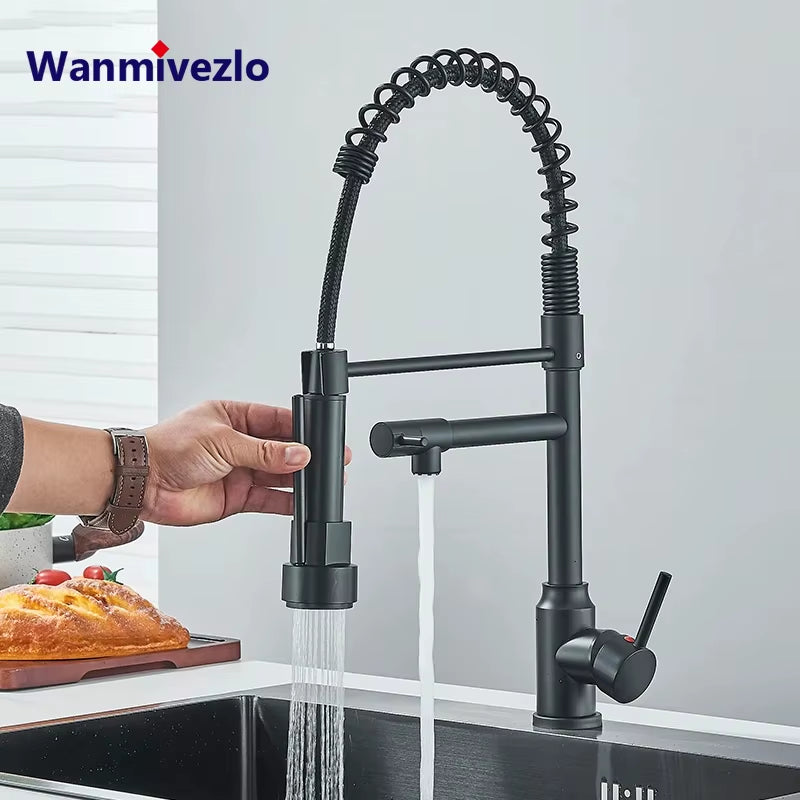 Black Kitchen Sink Faucet Pull down Hot and Cold Water Mixer2 Mode Tap with Dual Spout 360 Rotation Flexible Deck Mounted