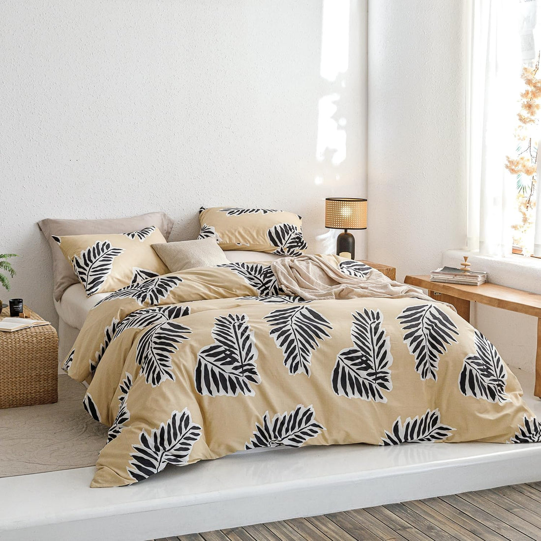 Khaki Tropical Duvet Cover Queen 100% Cotton Black White Leaves Duvet Cover 3 Pieces Set 1 Farmhouse Palm Botanical Duvet Cover with Zipper Ties 2 Pillowcases Plant Pattern Bedding