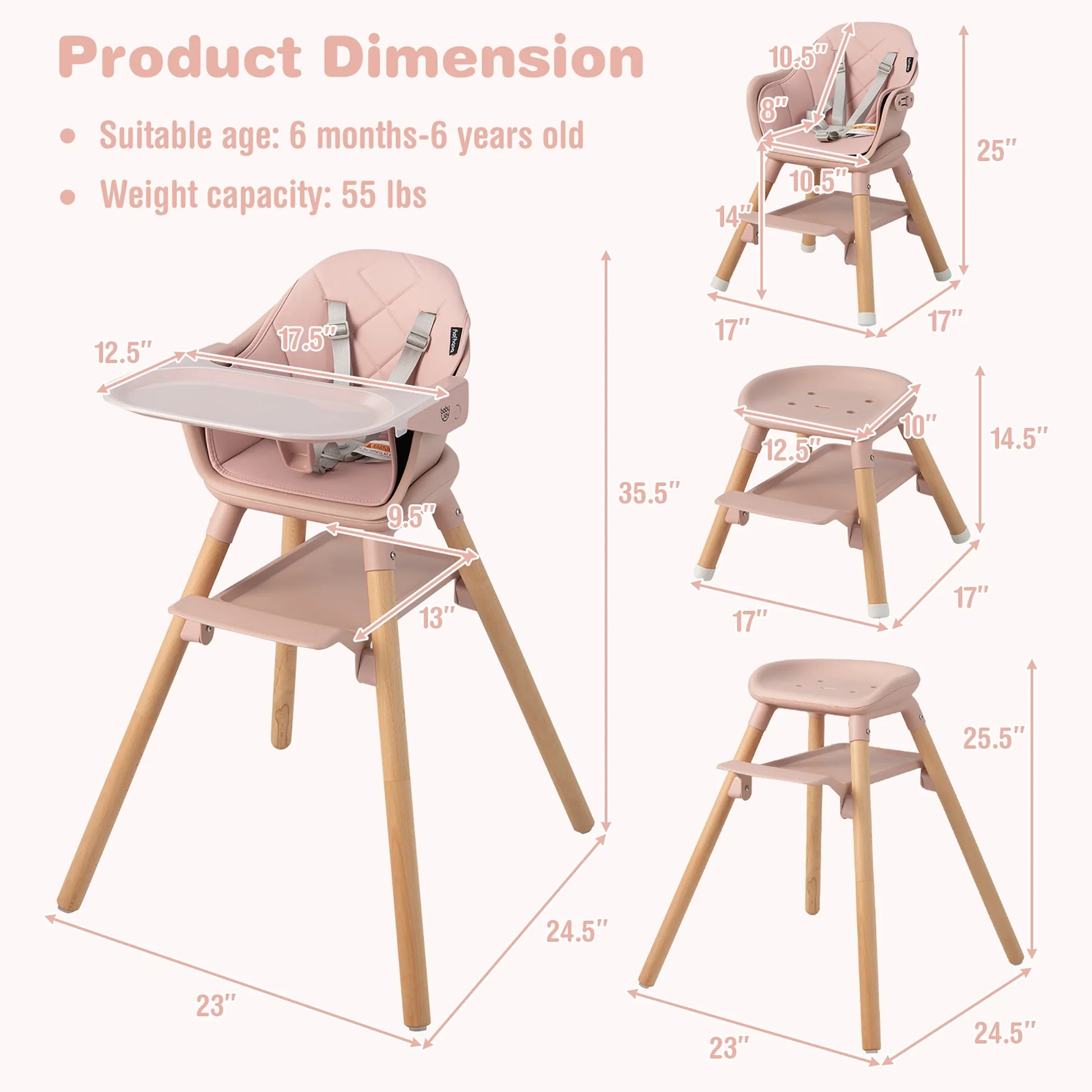 TimberTots 6-in-1 Convertible Baby Highchair - Pink Infant Feeding Chair with Removable Tray