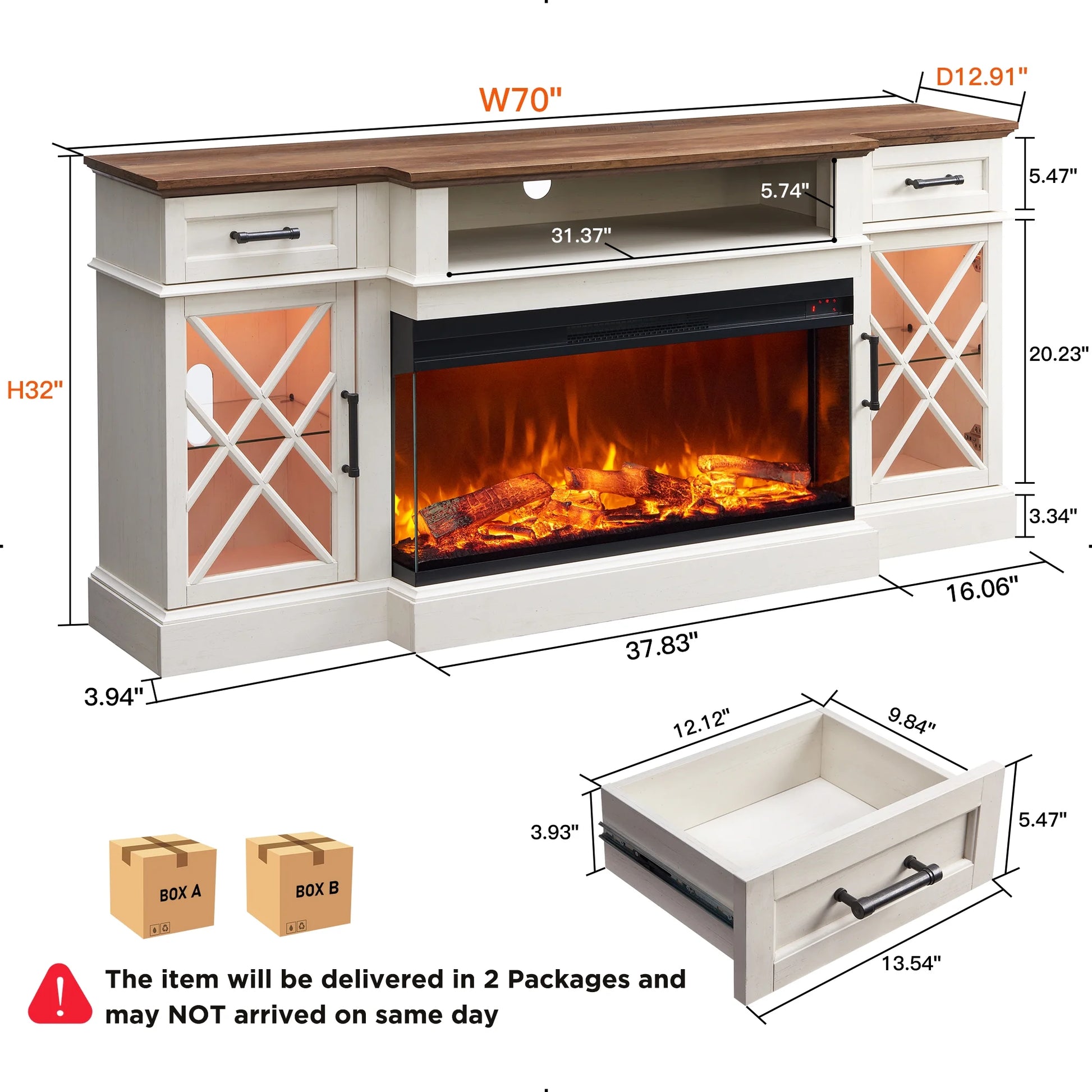 RusticFlame 70" 3-Sided Glass Farmhouse TV Stand with 36" Electric Fireplace for TVs up to 80
