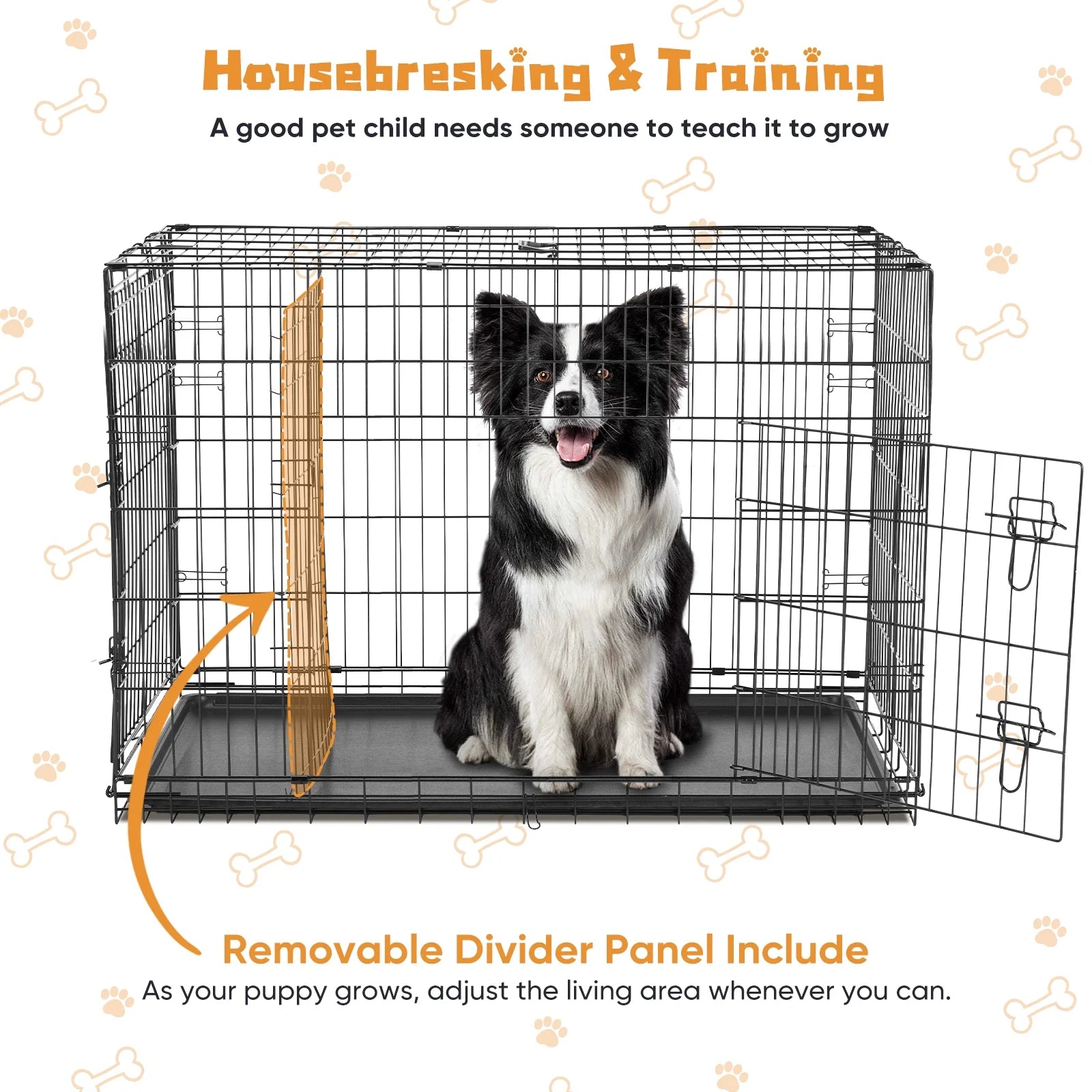 Small Dog Crate with Divider Panel, 24" Double Door Folding Metal Wire Dog Cage with Plastic Leak-Proof Pan Tray