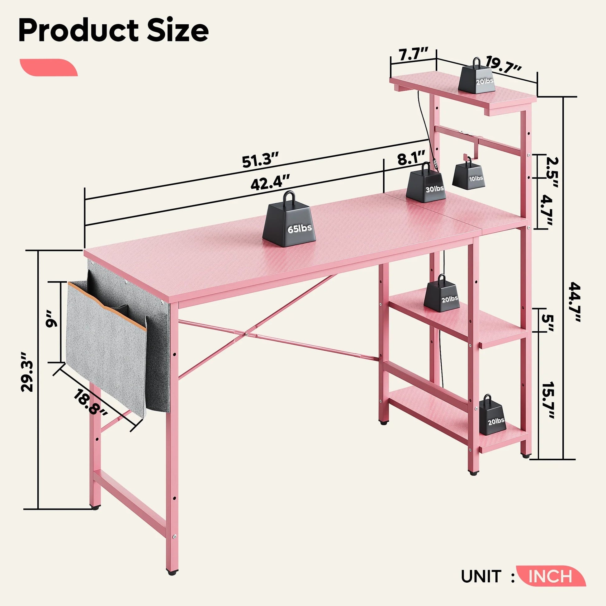PixelGlow Gaming Desk - 52 Inch with LED Lights & Shelves in Pink