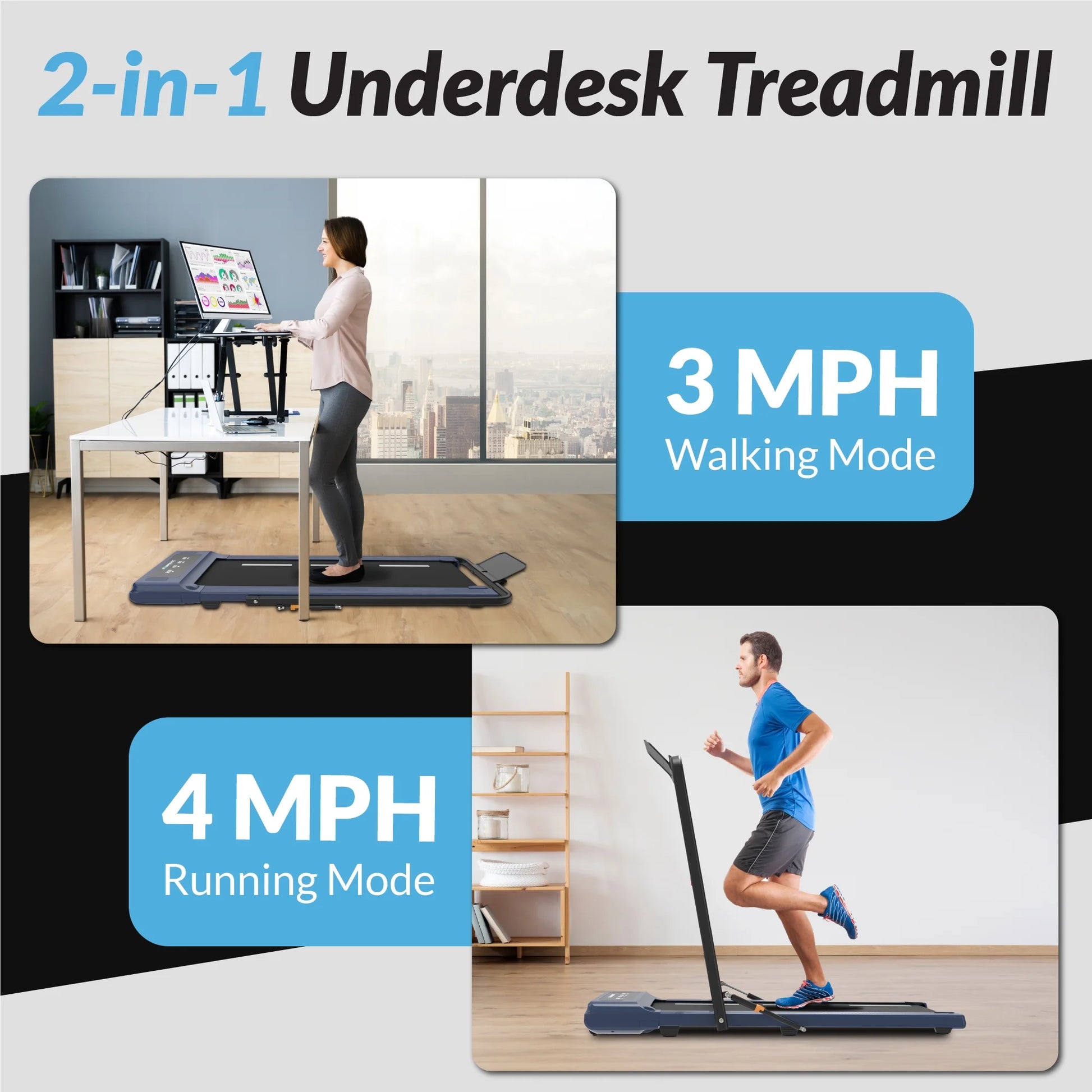 StrideFit Electric Walking Desk Treadmill - Blue, 400 Lb Capacity