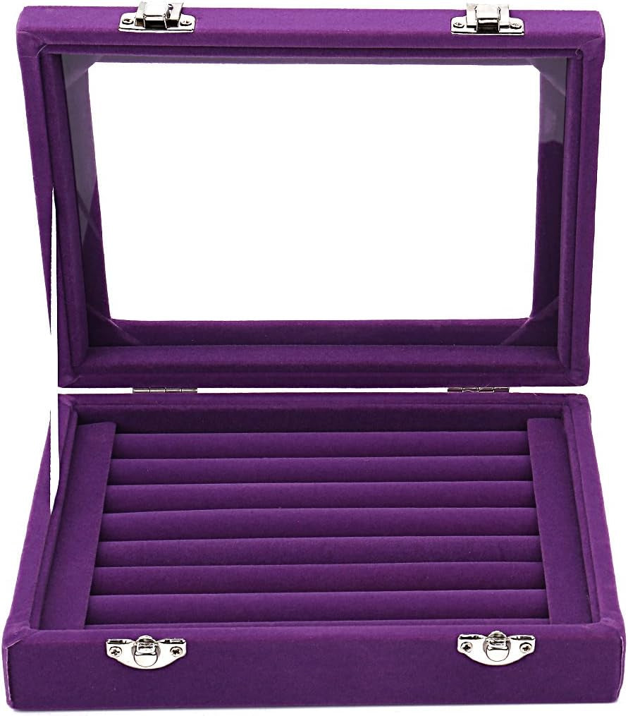 Velvet Glass Ring Jewelery Display Storage Box Tray Case Holder Earring Organizer Stand (Purple)