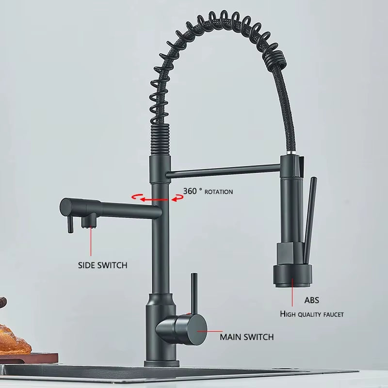 Black Kitchen Sink Faucet Pull down Hot and Cold Water Mixer2 Mode Tap with Dual Spout 360 Rotation Flexible Deck Mounted