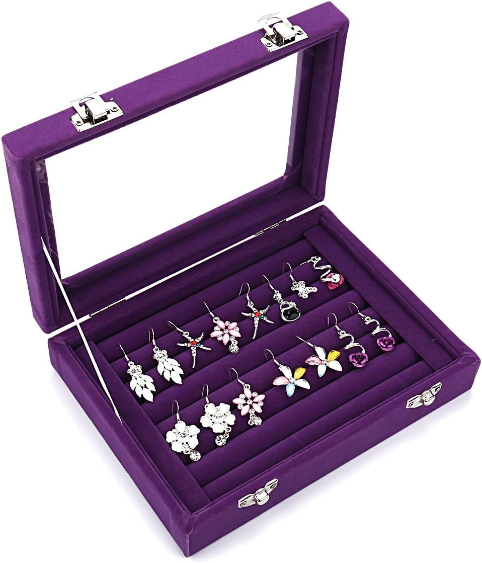 Velvet Glass Ring Jewelery Display Storage Box Tray Case Holder Earring Organizer Stand (Purple)