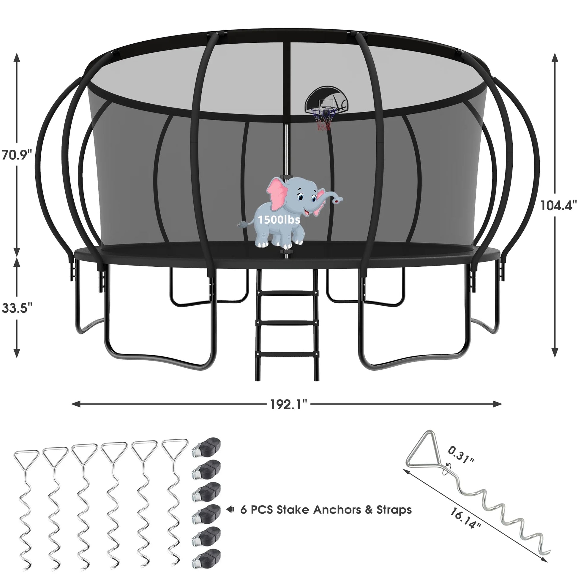 JumpMaster 16FT Trampoline - Heavy Duty with Enclosure, Basketball Hoop & Ladder for Kids & Adults