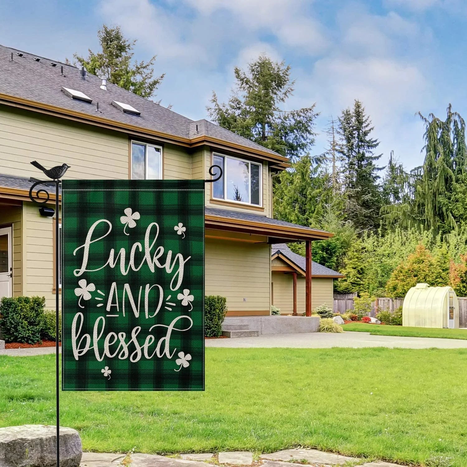 Lucky and Blessed Shamrock St. Patrick'S Day Garden Flag 12.5 X 18 Inch Watercolor Buffalo Plaid, Patricks Day Decoration