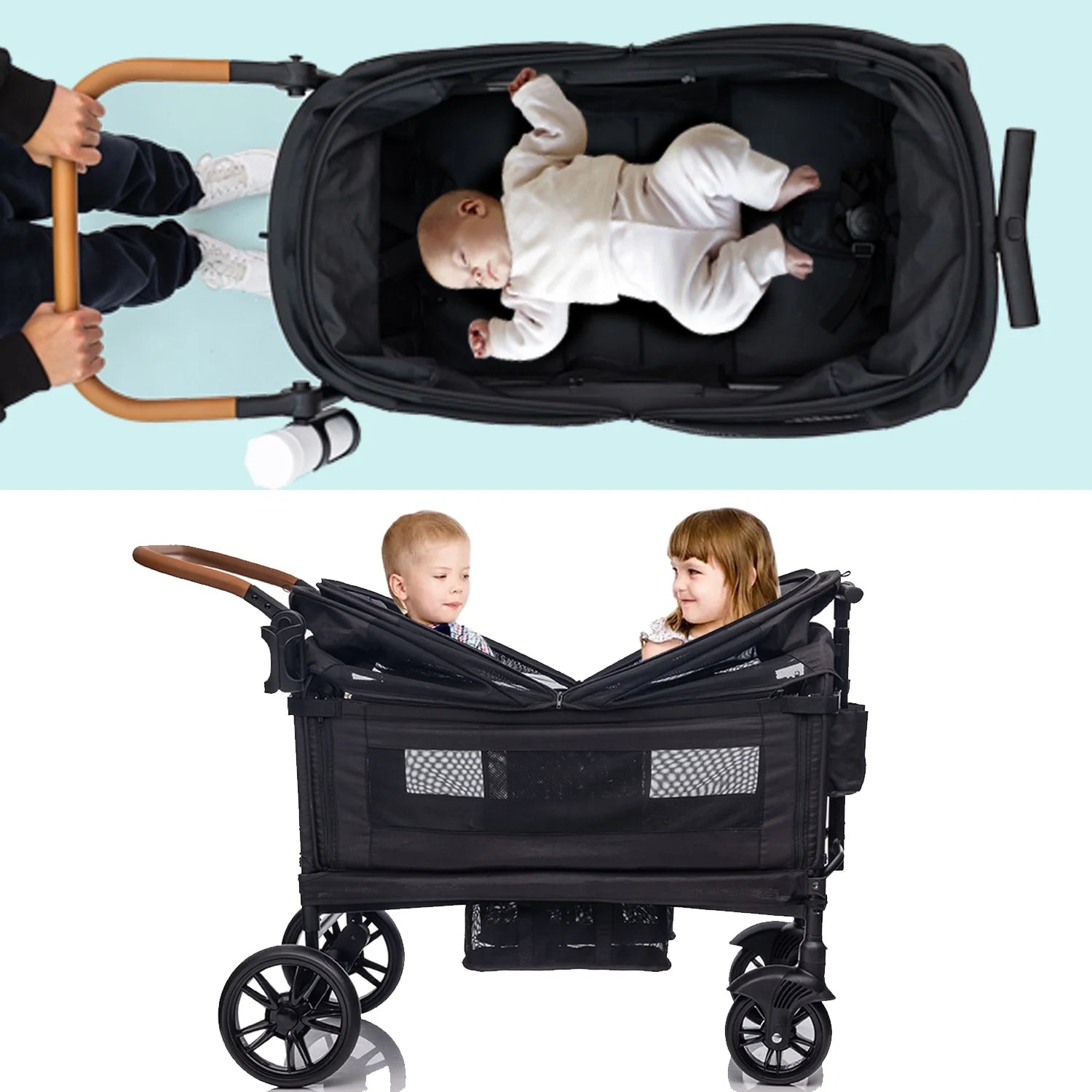 DualRide Wagon Stroller - Lightweight Folding Push-Pull Stroller for Kids & Cargo with Canopy