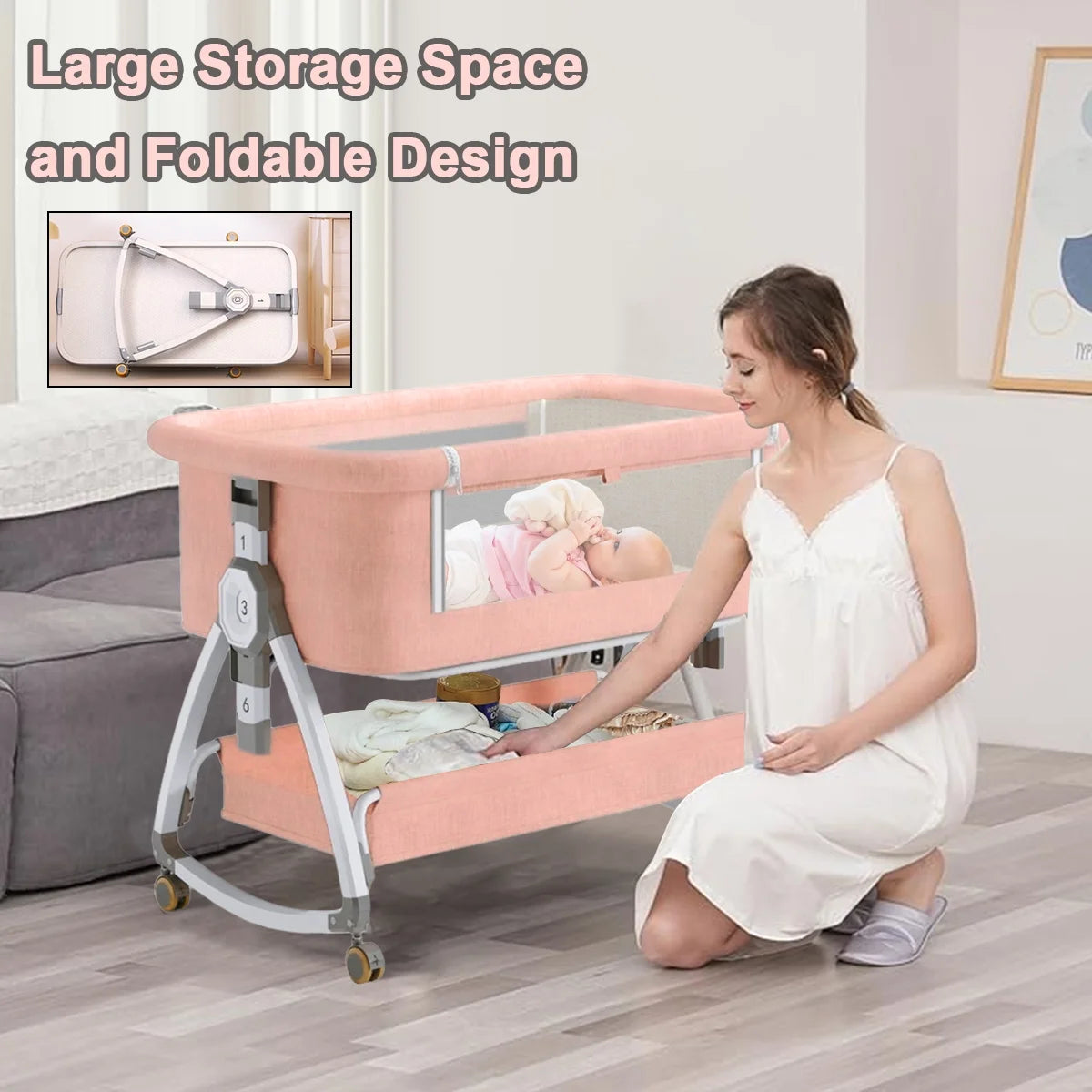 CozyNest Folding Baby Bassinet - Portable Travel Crib with Wheels, Pink