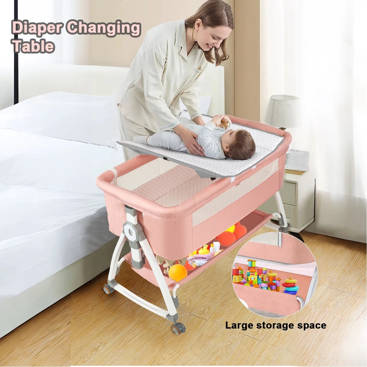 CozyNest Folding Baby Bassinet - Portable Travel Crib with Wheels, Pink