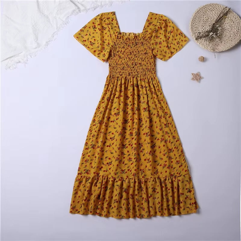 Spring Summer Chiffon Dress Women Midi Dressesfemale Short Sleeve Elastic Waist Printed Floral Pleated Backless Casual Dress