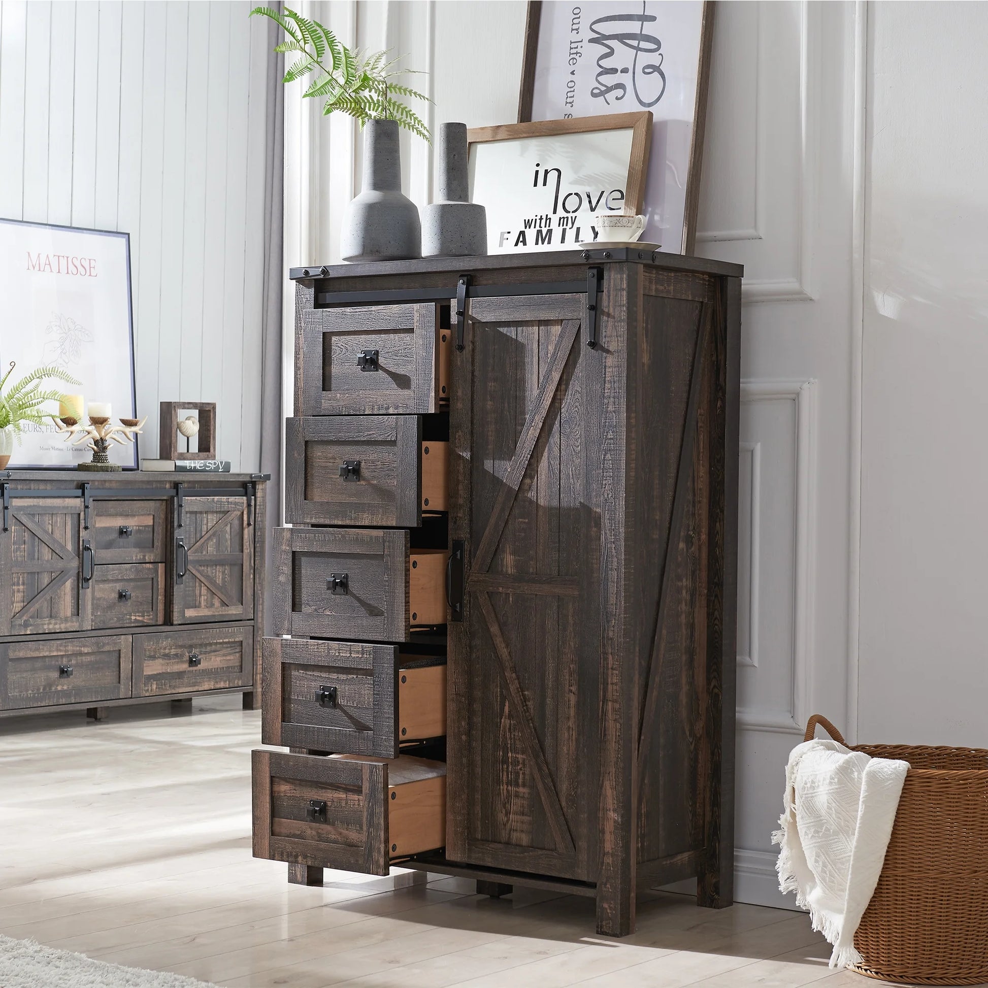 Rustic Charm 5-Drawer Dresser - Farmhouse Barn Door Storage Cabinet for Bedroom or Living Room