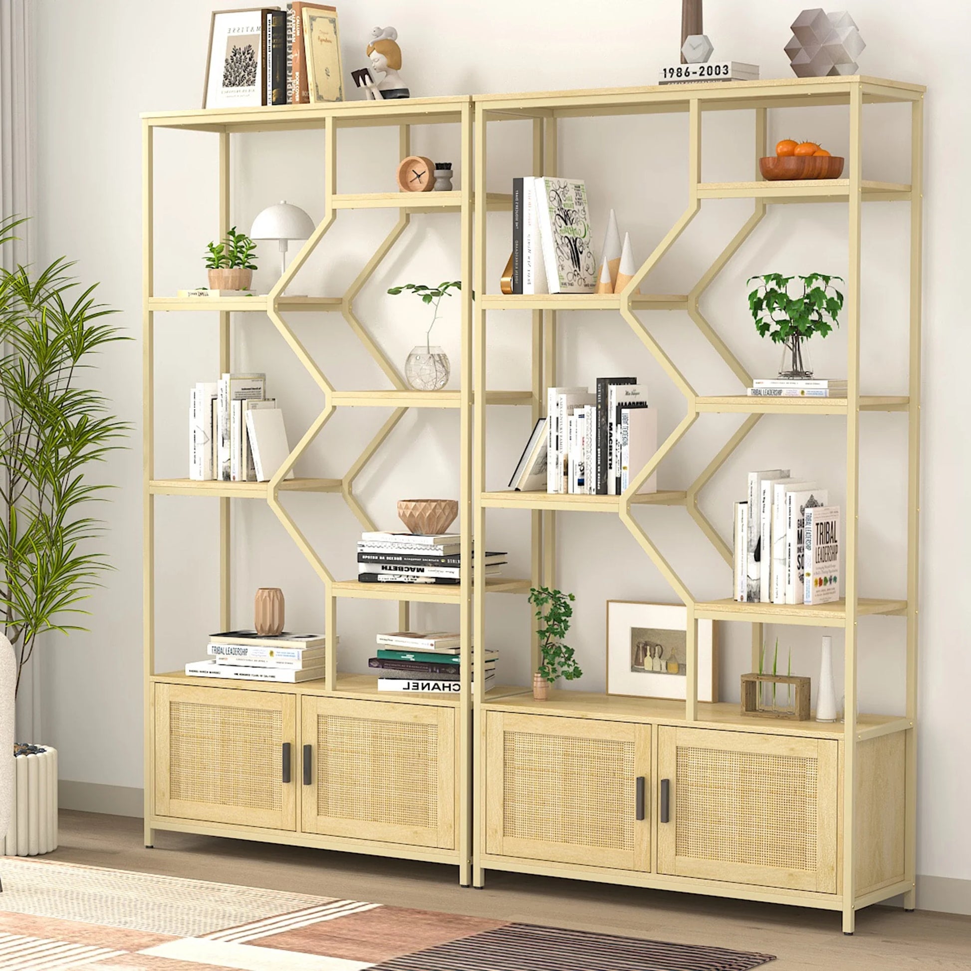 NaturalWood 7-Tier Rattan Bookshelf - Stylish Display & Storage Shelf for Living Room & Office