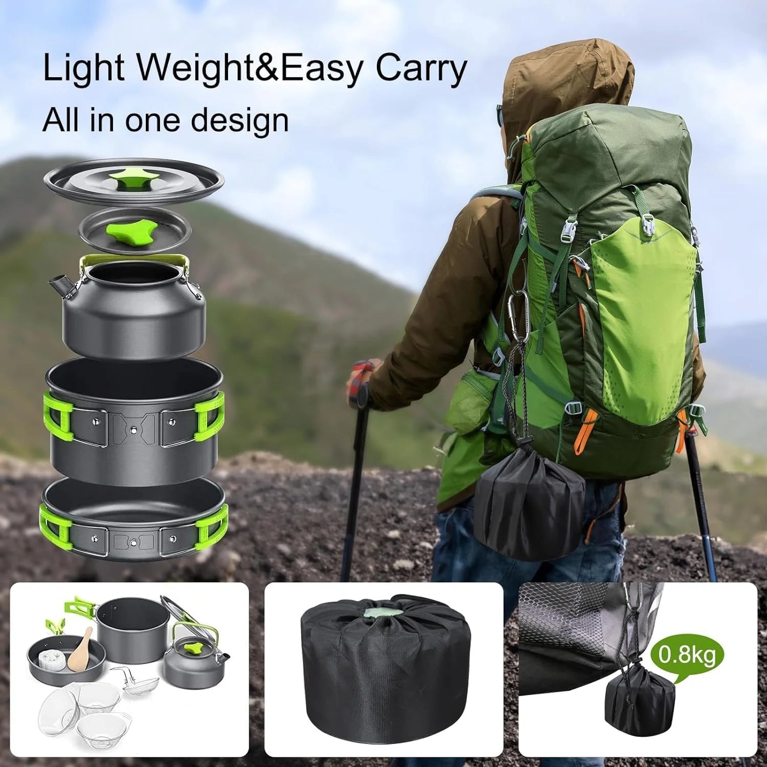 CampMate 10-Piece Aluminum Mess Kit – Portable Outdoor Camping Cookware Set