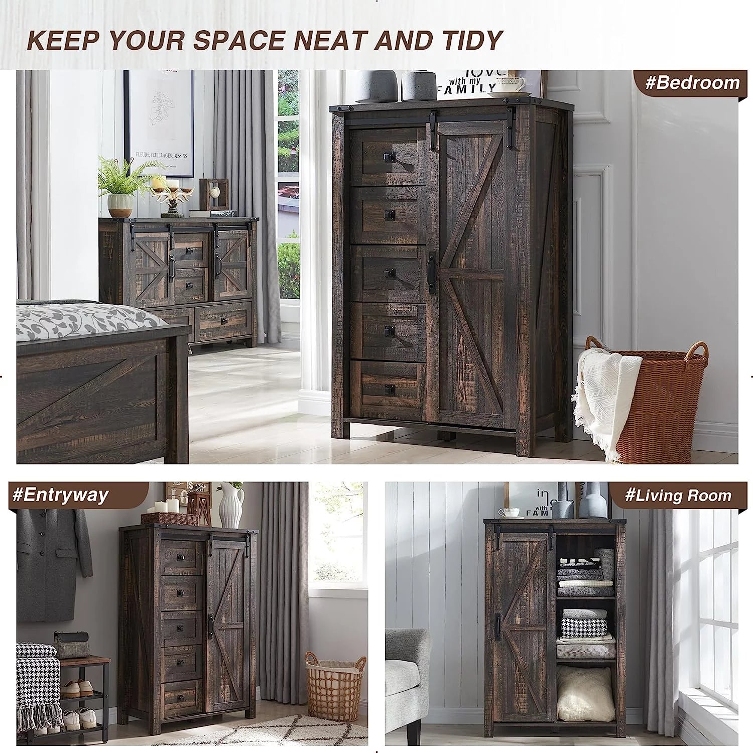 Rustic Charm 5-Drawer Dresser - Farmhouse Barn Door Storage Cabinet for Bedroom or Living Room
