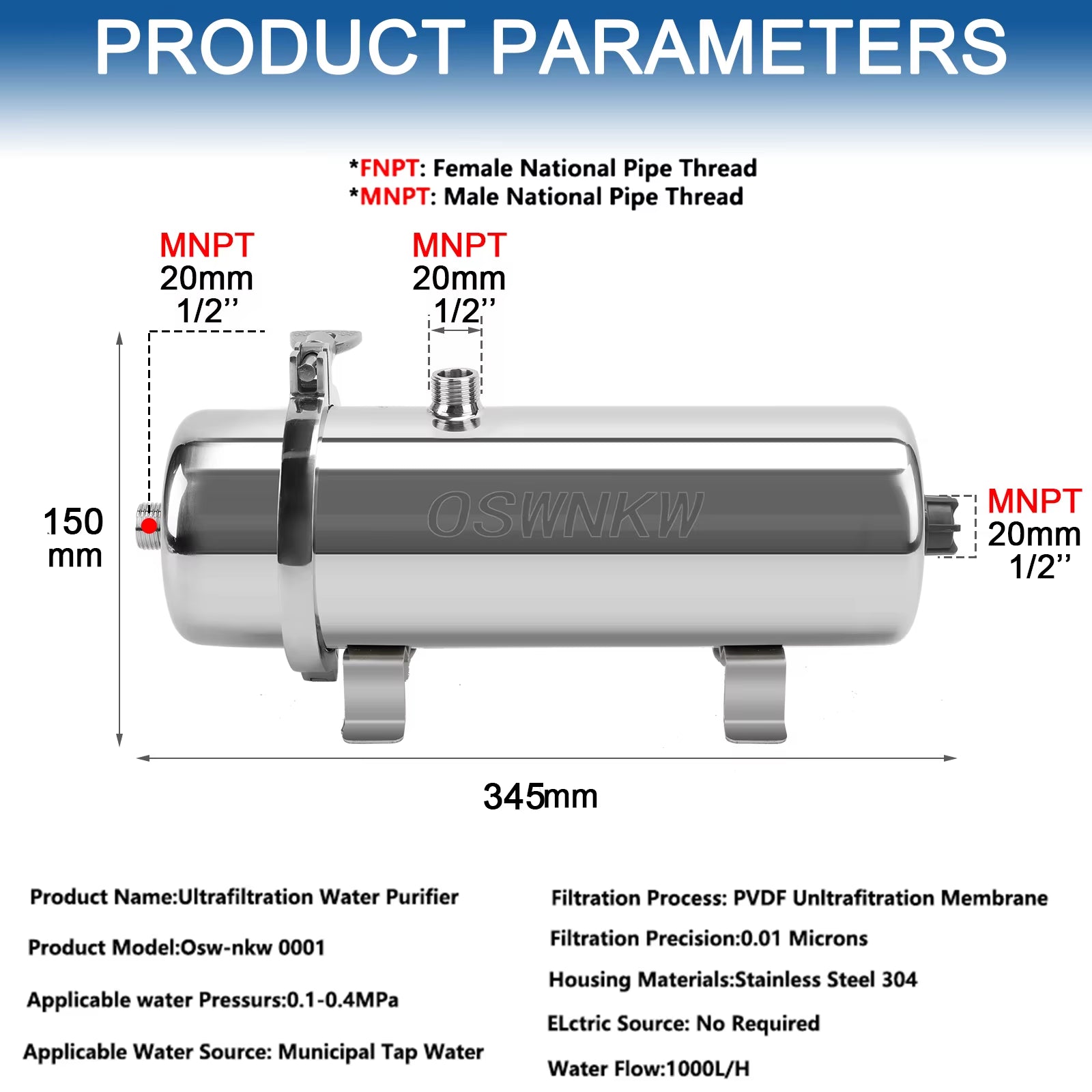 Whole House Water Purifier 0.01Um PVDF Pre-Filter 1000L/H SUS304 Water Filter Can Be Continuously Cleaned for 5 Years
