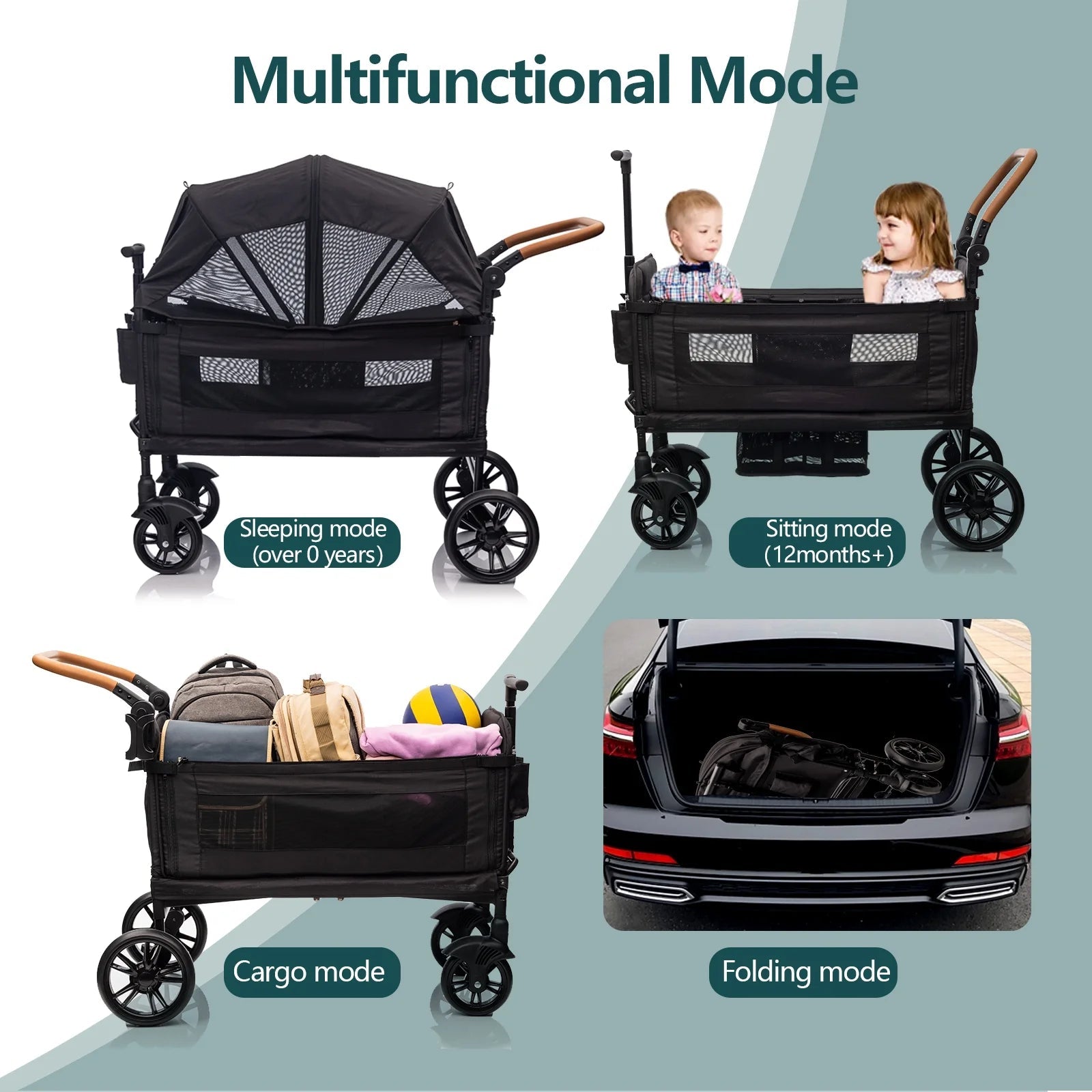 DualRide Wagon Stroller - Lightweight Folding Push-Pull Stroller for Kids & Cargo with Canopy