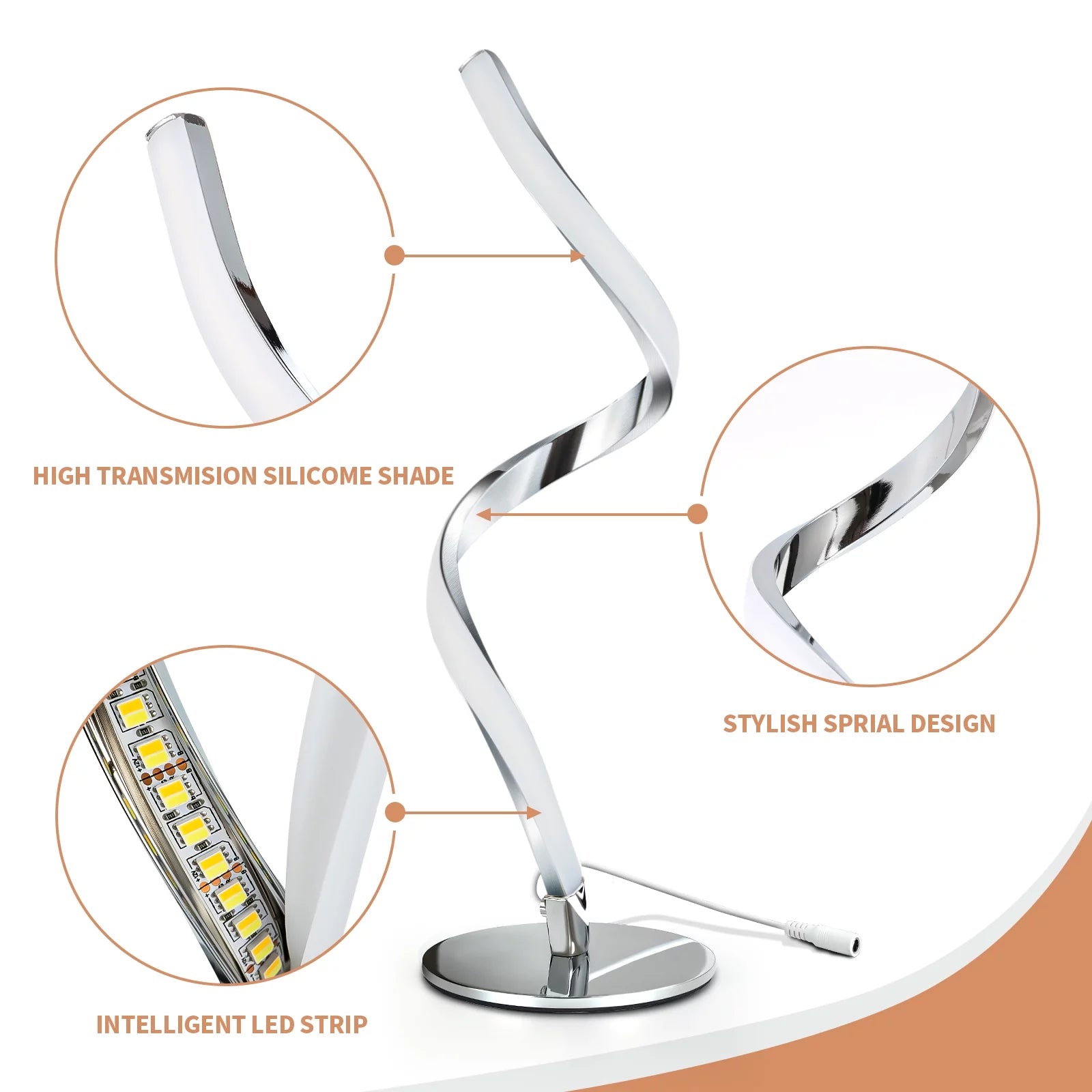 GlowWave Spiral Table Lamp - Touch-Controlled 3-Color Dimmable Nightstand Lamp for Bedroom & Office