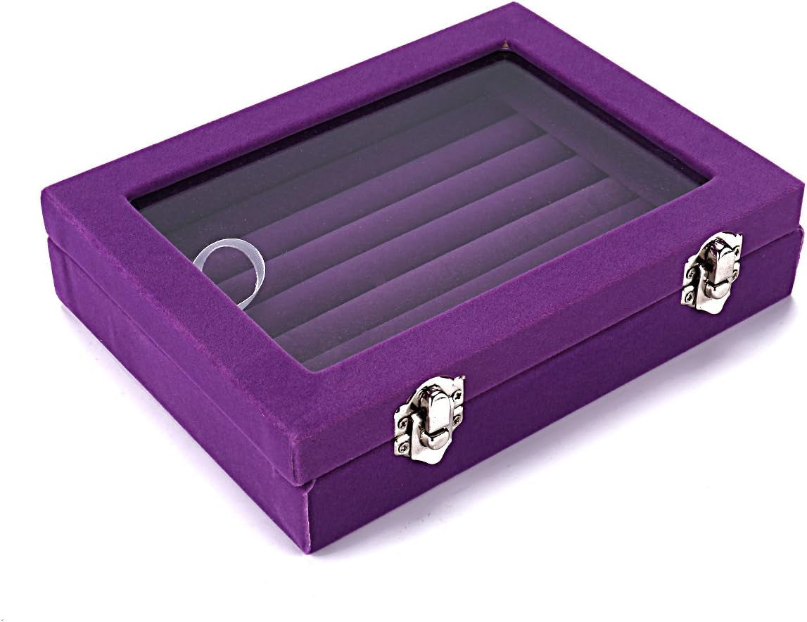 Velvet Glass Ring Jewelery Display Storage Box Tray Case Holder Earring Organizer Stand (Purple)