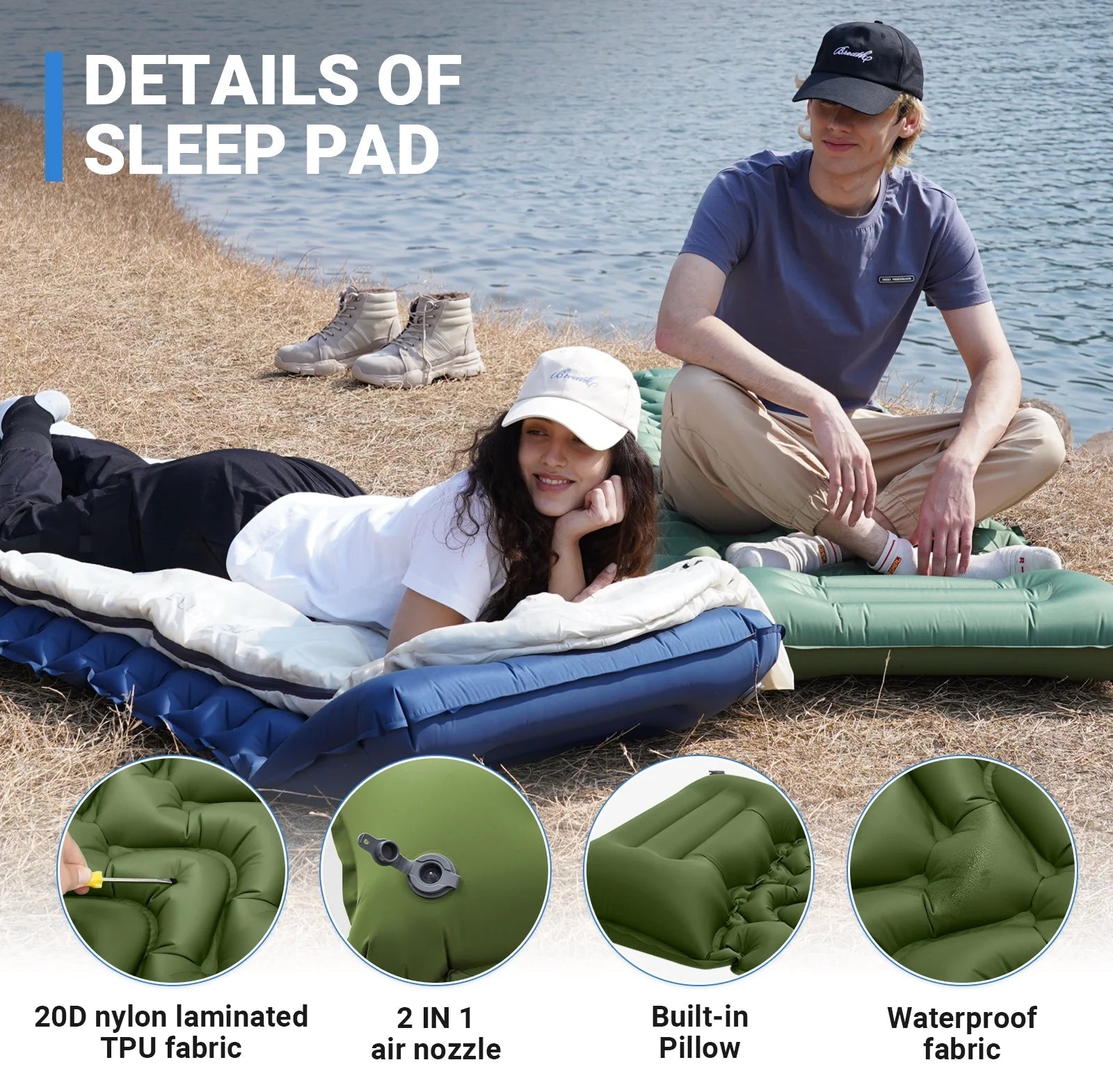 EverRest Inflatable Sleeping Pad with Foot Pump & Pillow – Durable, Compact Mattress for Camping & Hiking – Olive