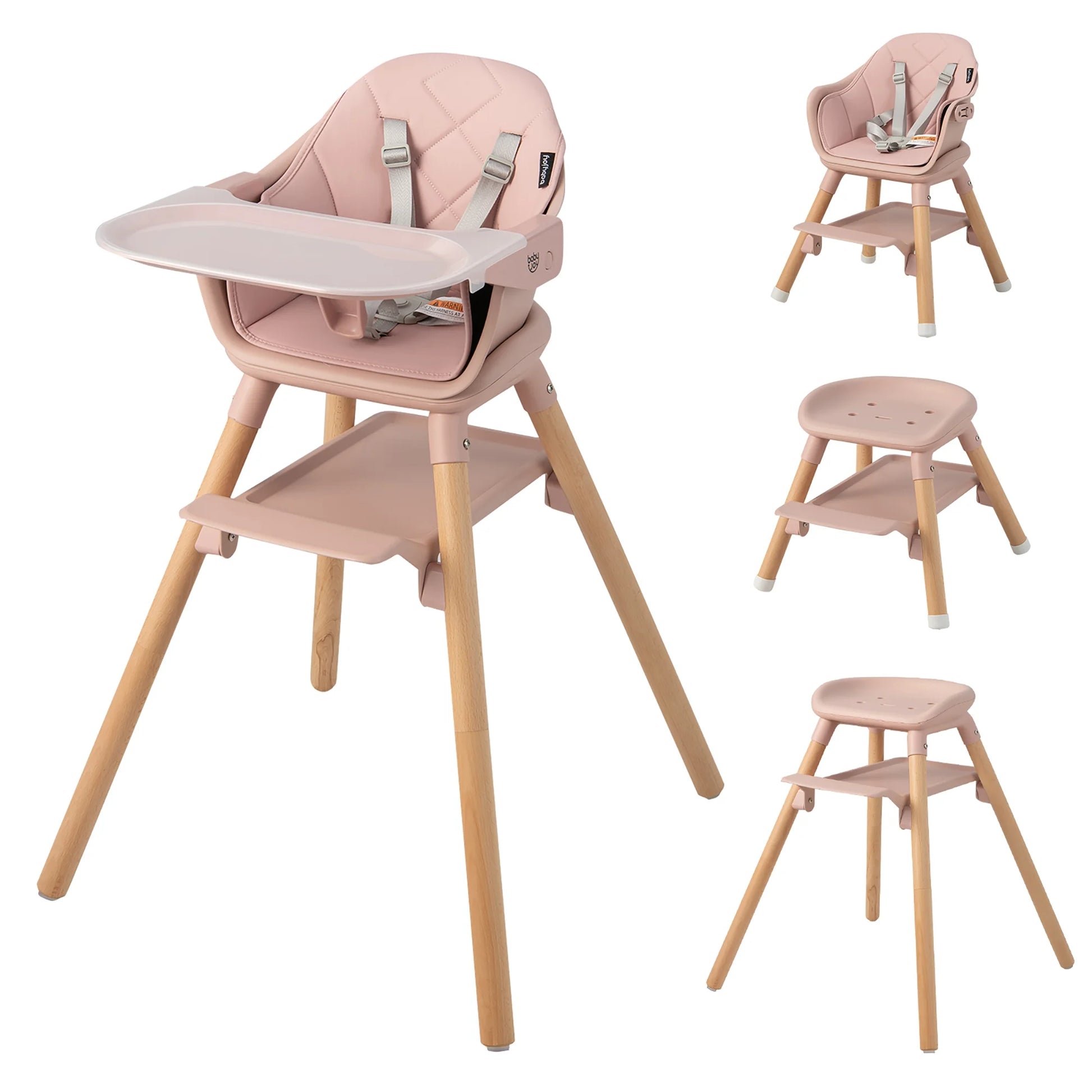 TimberTots 6-in-1 Convertible Baby Highchair - Pink Infant Feeding Chair with Removable Tray