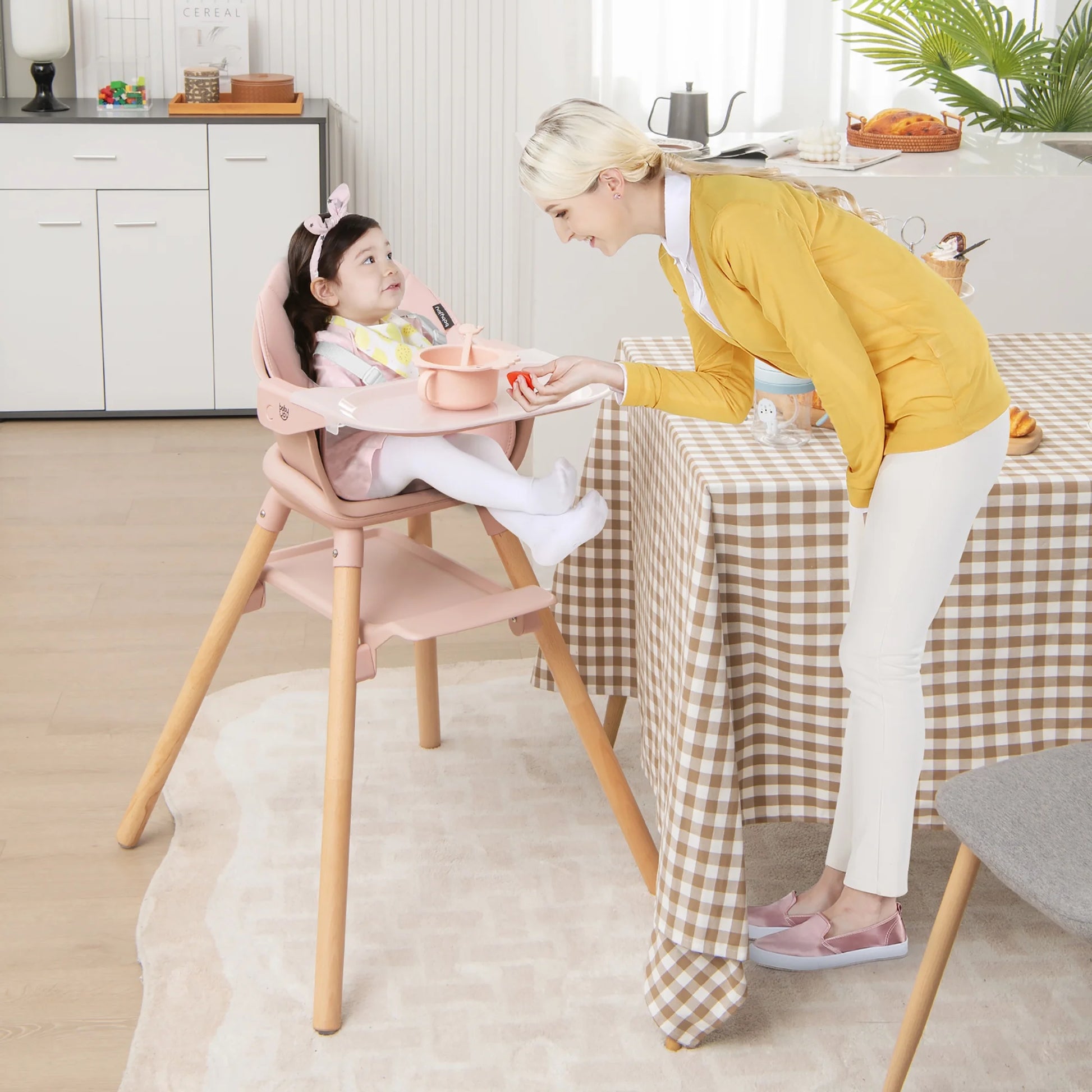TimberTots 6-in-1 Convertible Baby Highchair - Pink Infant Feeding Chair with Removable Tray