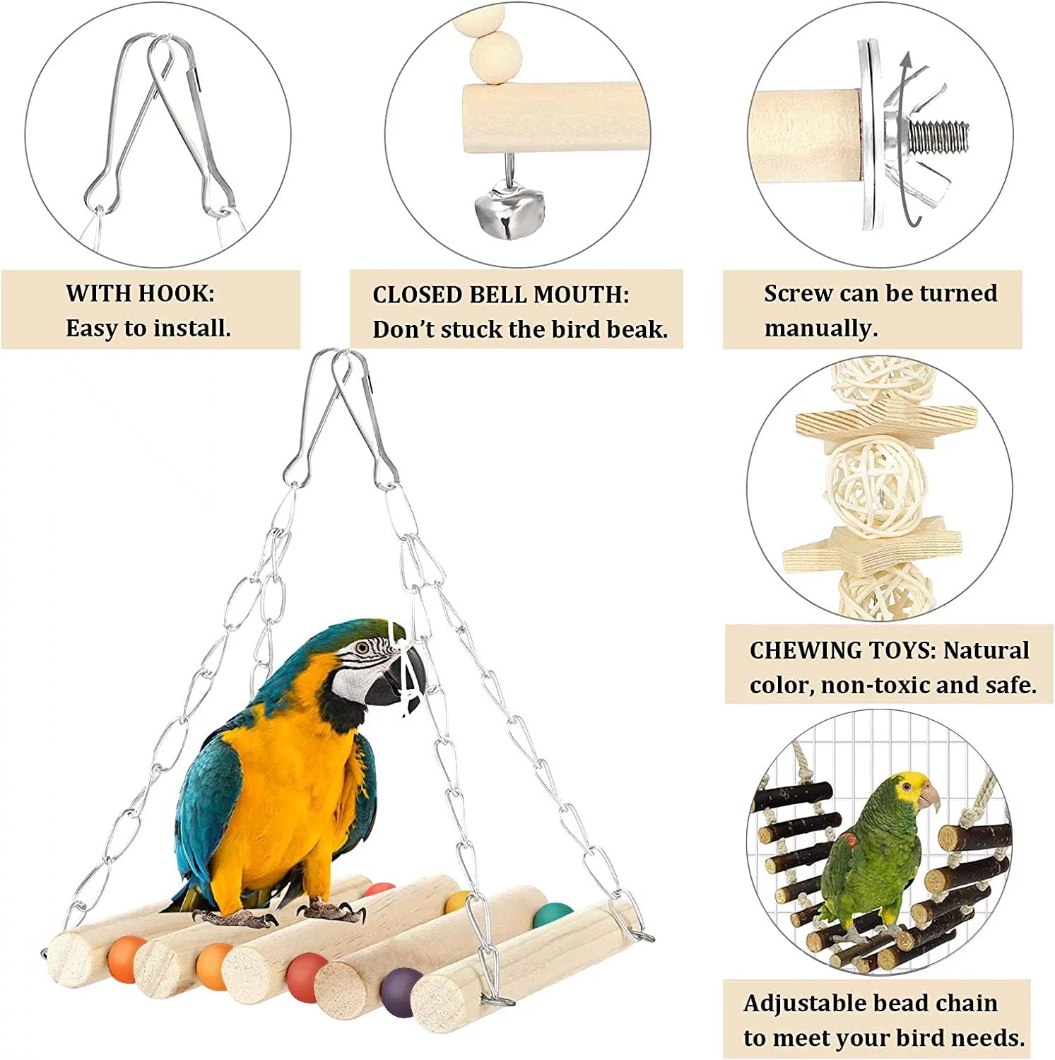 ParrotPal 8-Piece Extra Large Wooden Bird Toys Set – Swing & Chewing Toys for Parakeets & Parrots