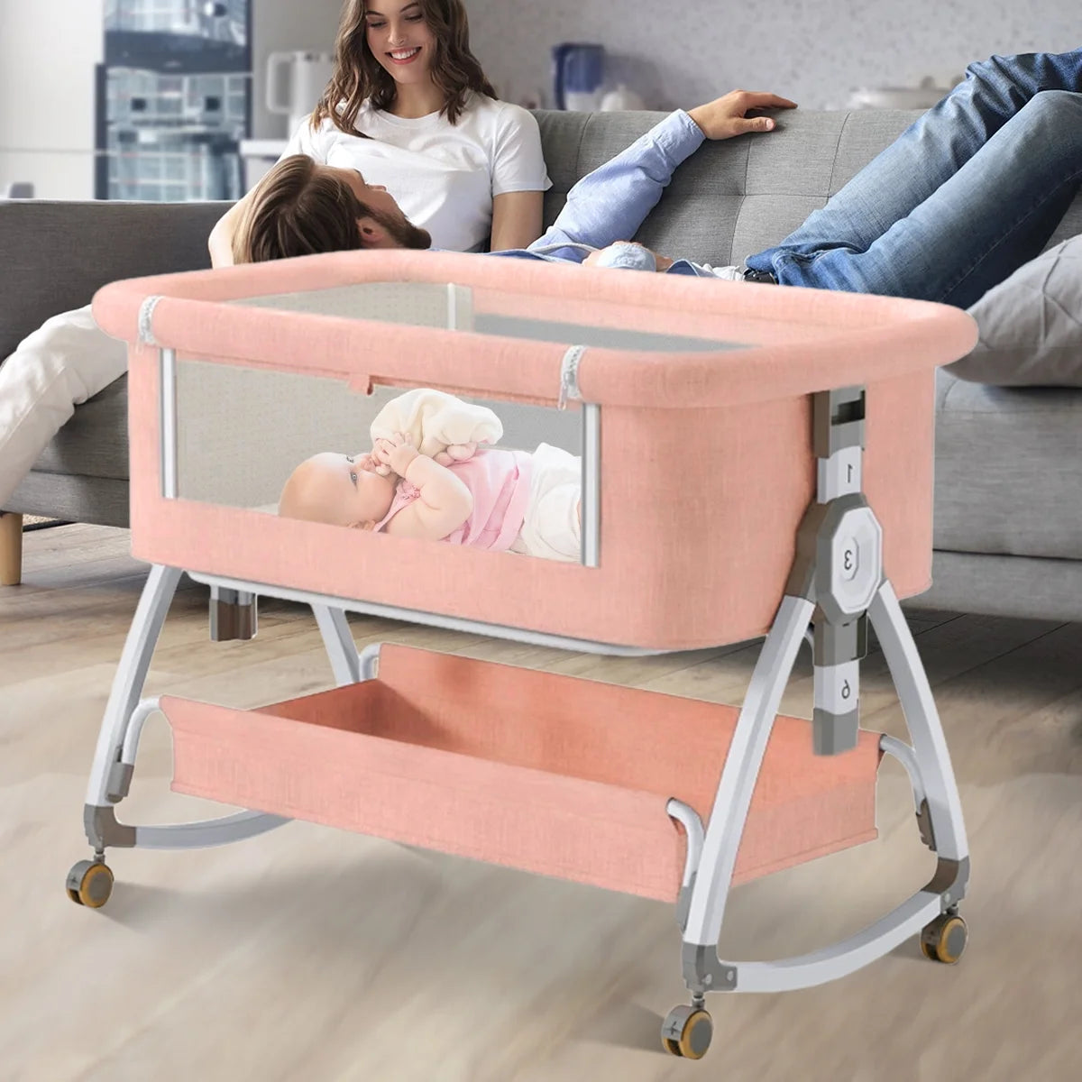 CozyNest Folding Baby Bassinet - Portable Travel Crib with Wheels, Pink