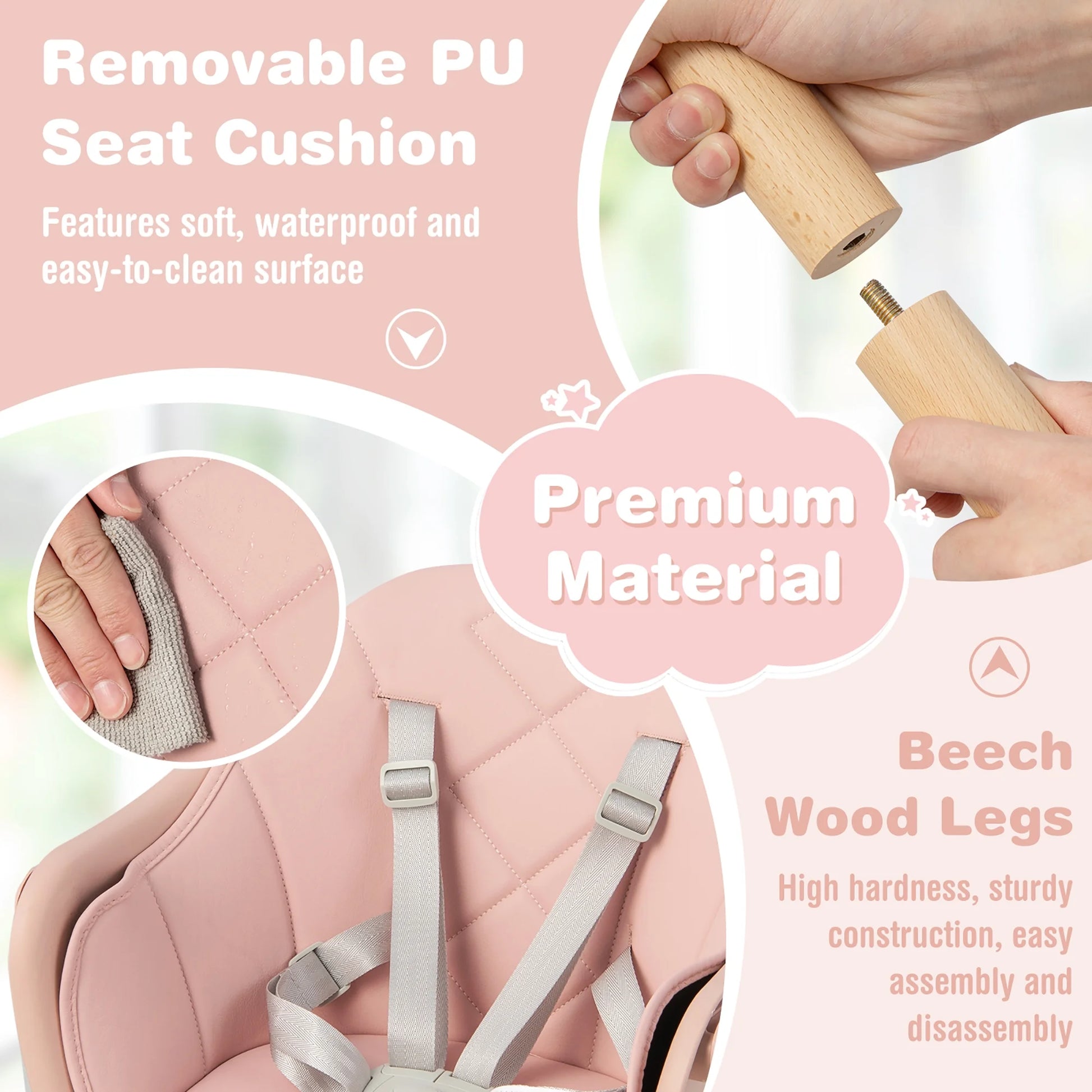 TimberTots 6-in-1 Convertible Baby Highchair - Pink Infant Feeding Chair with Removable Tray