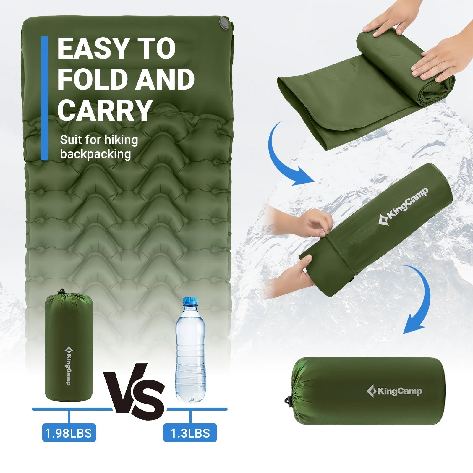 EverRest Inflatable Sleeping Pad with Foot Pump & Pillow – Durable, Compact Mattress for Camping & Hiking – Olive