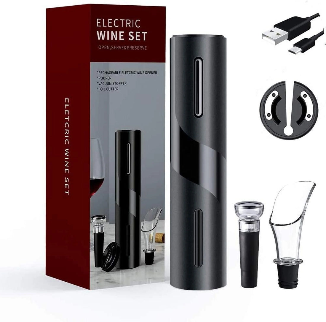 Electric Wine Opener, Rechargeable Automatic Corkscrew Cordless Wine Bottle Opener Set with Foil Cutter, Vacuum Stopper and Wine Aerator Pourer, Ideal Wine Gift Sets