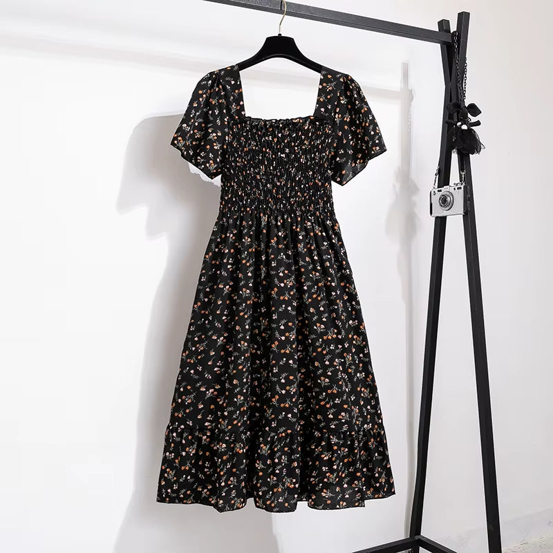 Spring Summer Chiffon Dress Women Midi Dressesfemale Short Sleeve Elastic Waist Printed Floral Pleated Backless Casual Dress