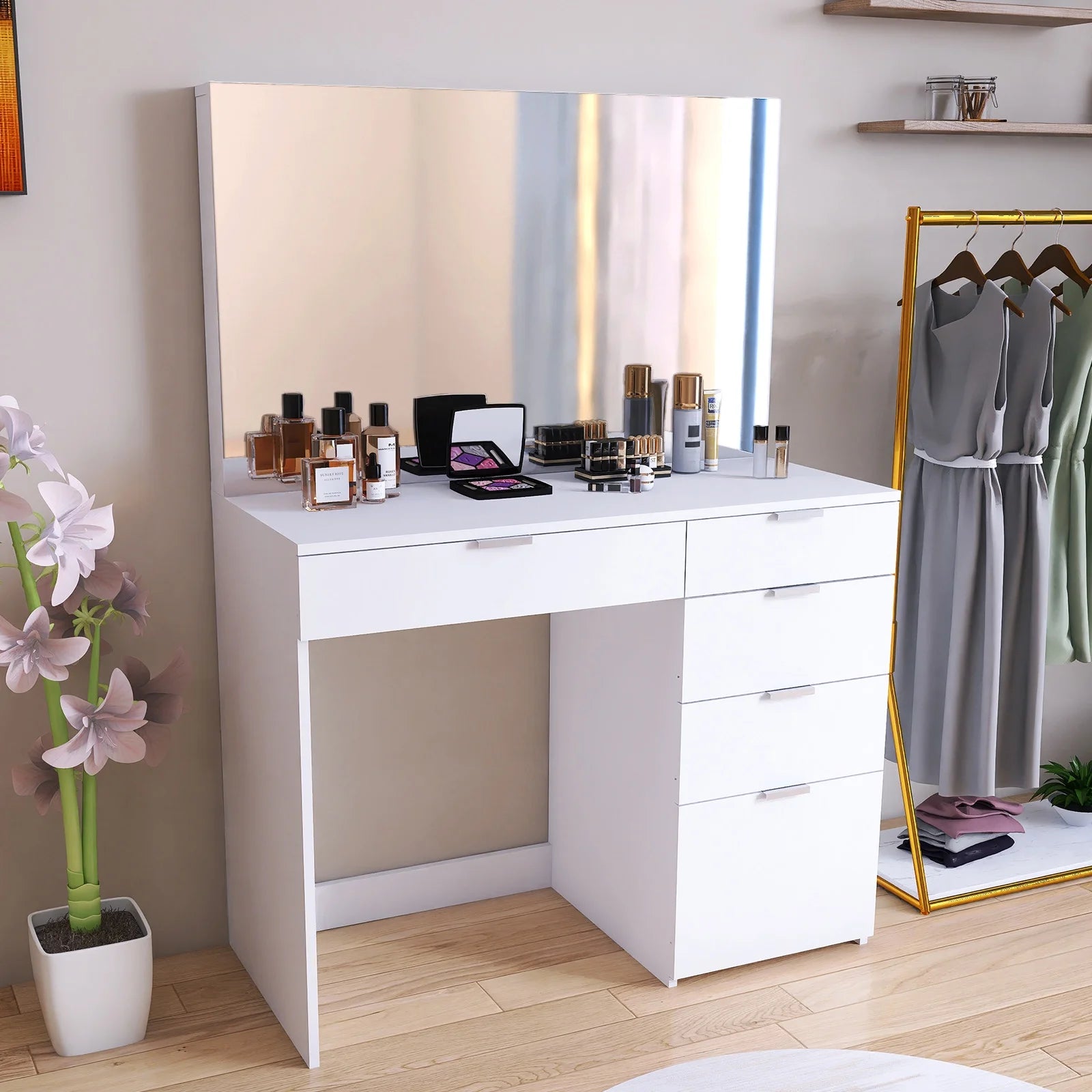 Elegance Vanity Desk with Spacious Mirror & 5 Drawers - White for Bedroom or Dressing Room