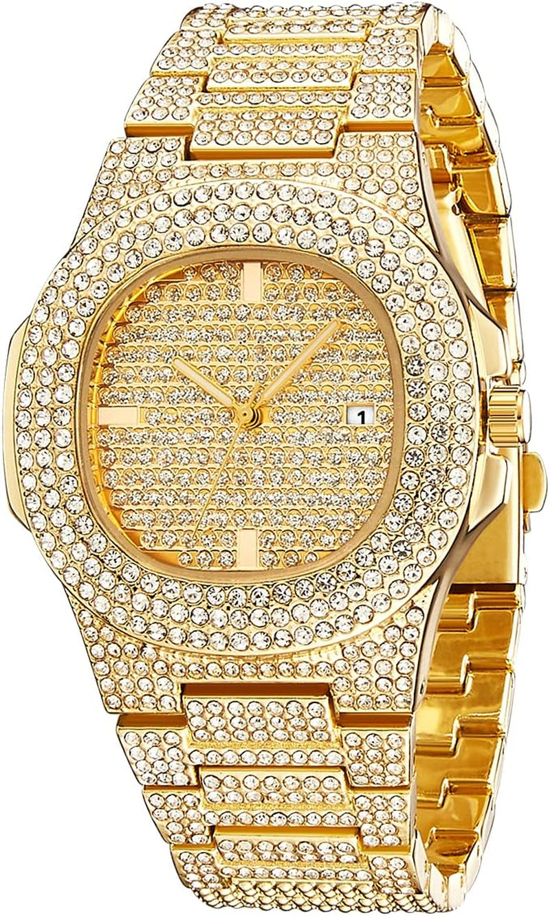 Cuban Hip-Hop Imitation Diamond Watch, Necklace, and Bracelet Set of 3 Pieces, Super Shiny, Suitable for Men and Women as Gifts,Gold-Plated Watch, 24Inch