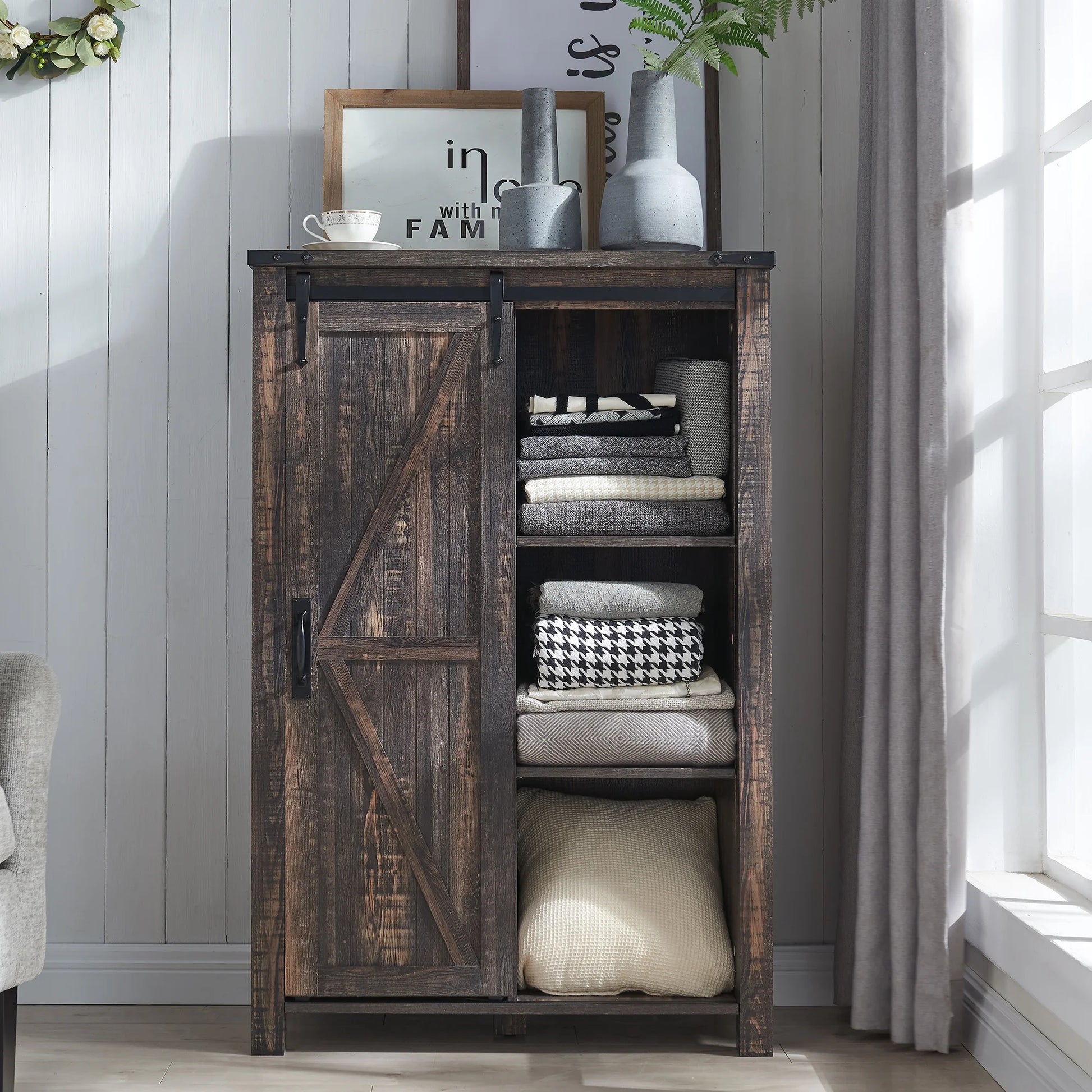 Rustic Charm 5-Drawer Dresser - Farmhouse Barn Door Storage Cabinet for Bedroom or Living Room
