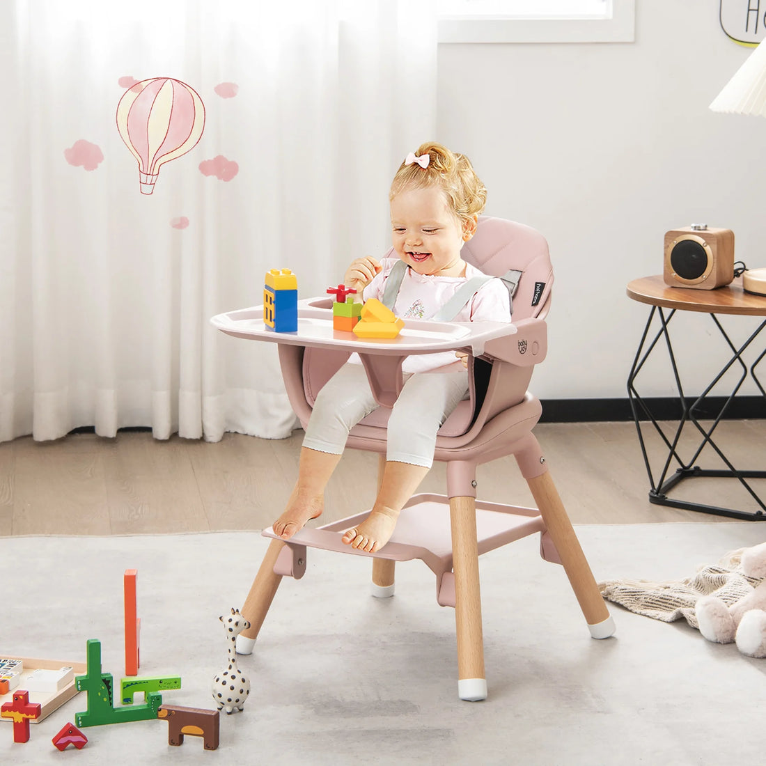 TimberTots 6-in-1 Convertible Baby Highchair - Pink Infant Feeding Chair with Removable Tray