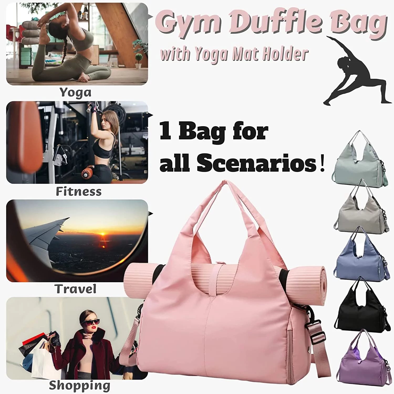 ActiveGlow Yoga Gym Bag - Women's Duffel with Mat Holder, Shoe Compartment & Wet Dry Pockets
