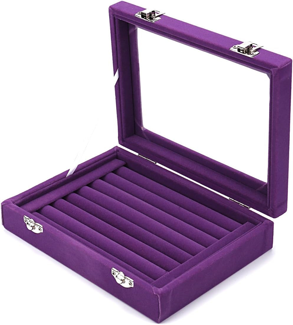 Velvet Glass Ring Jewelery Display Storage Box Tray Case Holder Earring Organizer Stand (Purple)