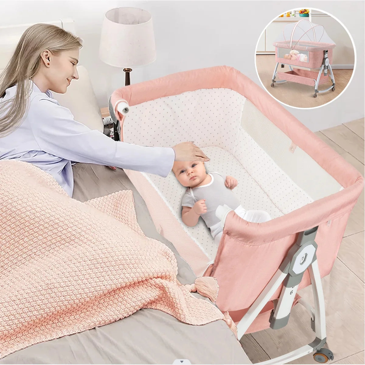 CozyNest Folding Baby Bassinet - Portable Travel Crib with Wheels, Pink