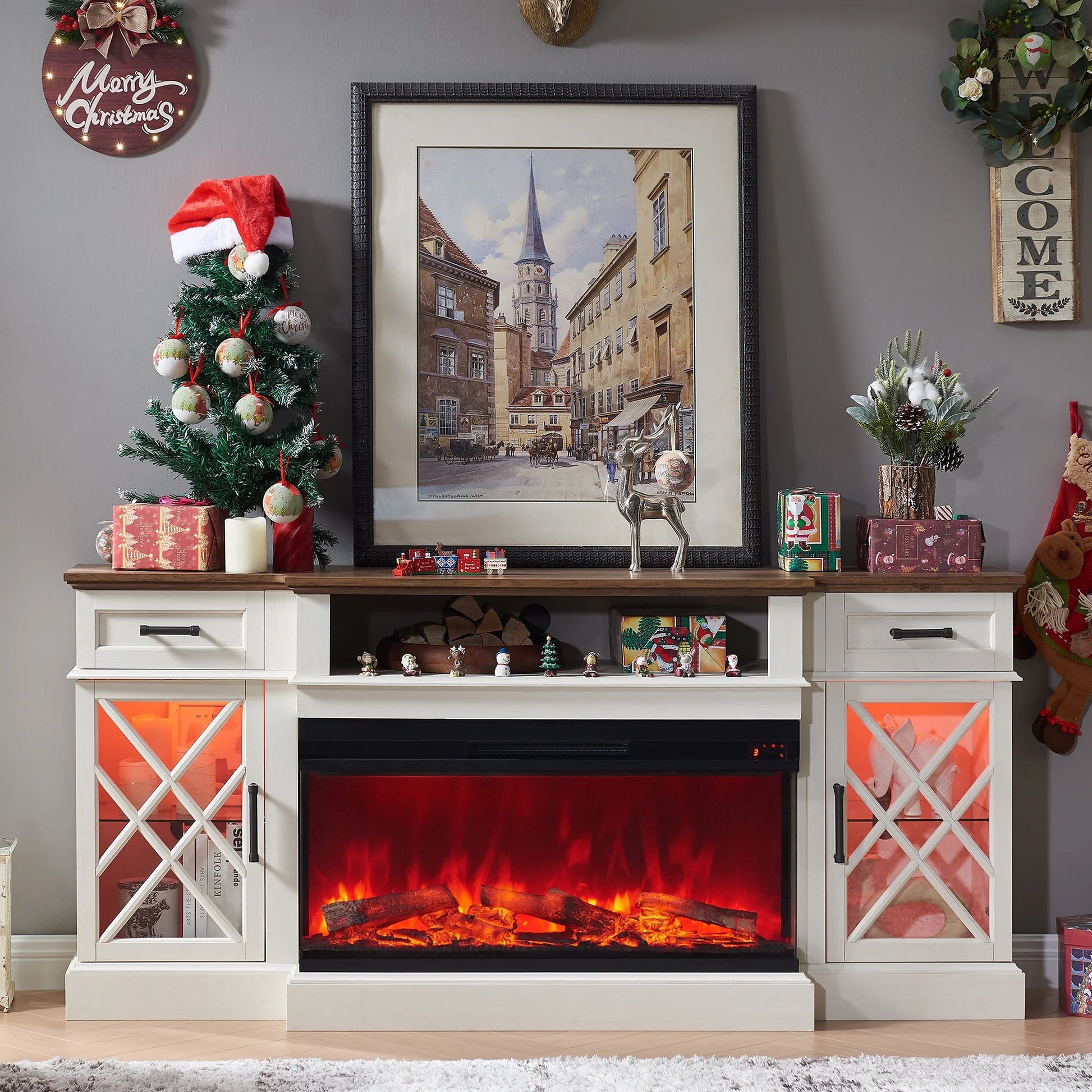 RusticFlame 70" 3-Sided Glass Farmhouse TV Stand with 36" Electric Fireplace for TVs up to 80