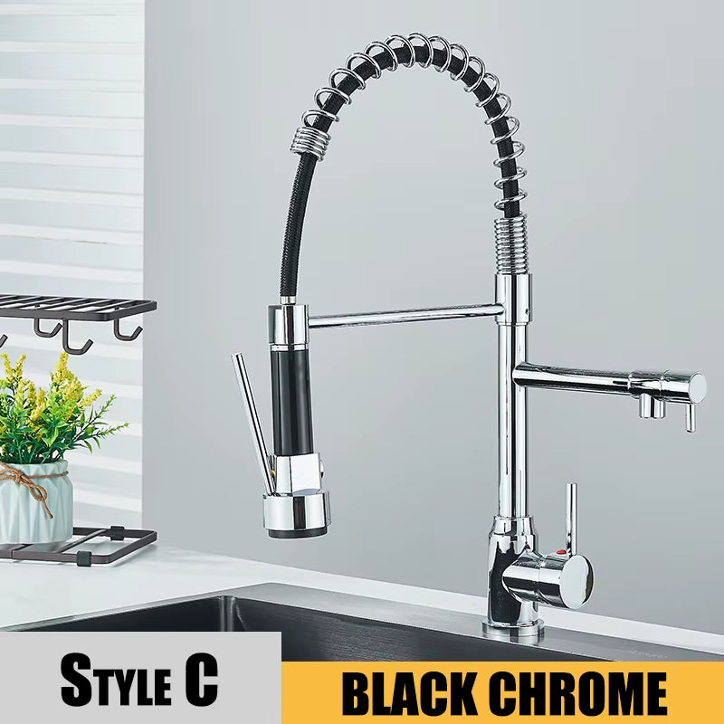 Black Kitchen Sink Faucet Pull down Hot and Cold Water Mixer2 Mode Tap with Dual Spout 360 Rotation Flexible Deck Mounted